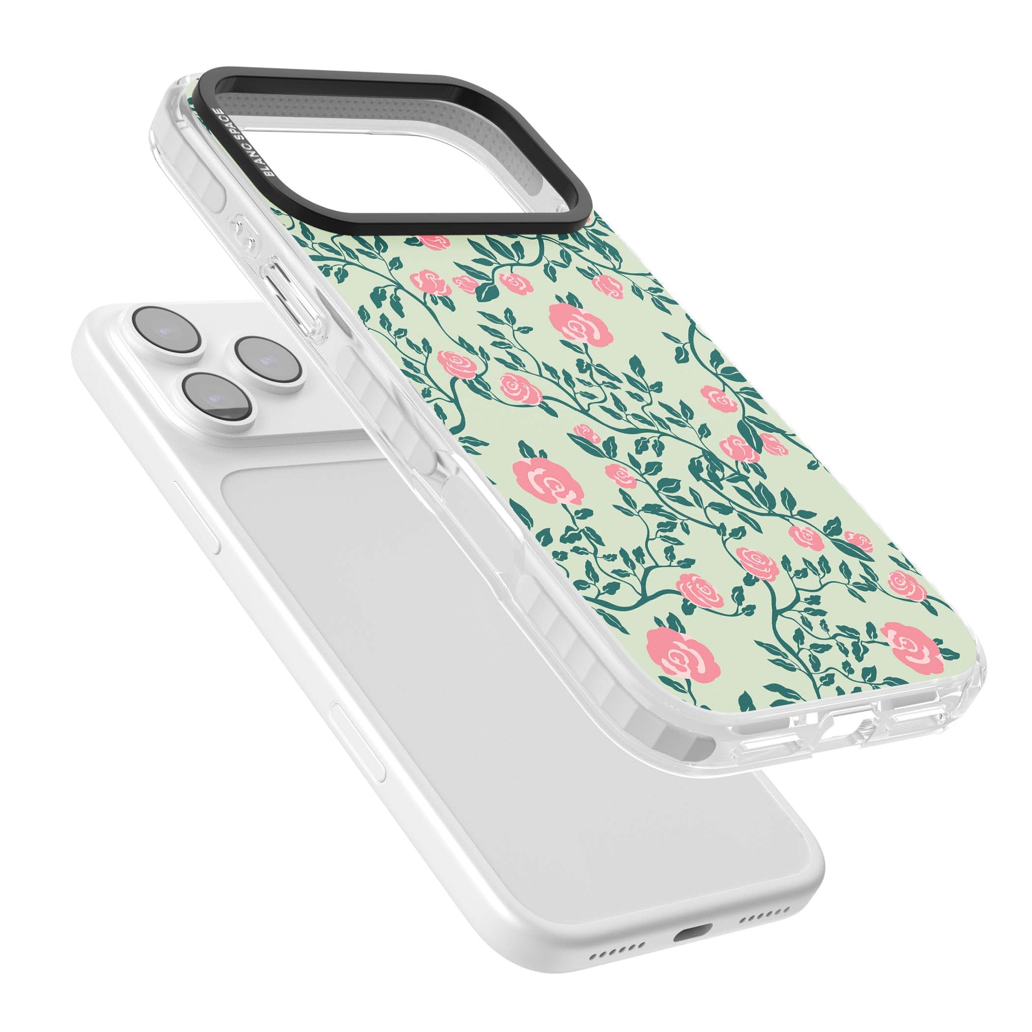 Rose Trellis cottagecore iPhone case featuring pink roses, sage green vines, and mint background | Impact Magsafe case for iPhone 17 Pro, iPhone 17 Pro Max