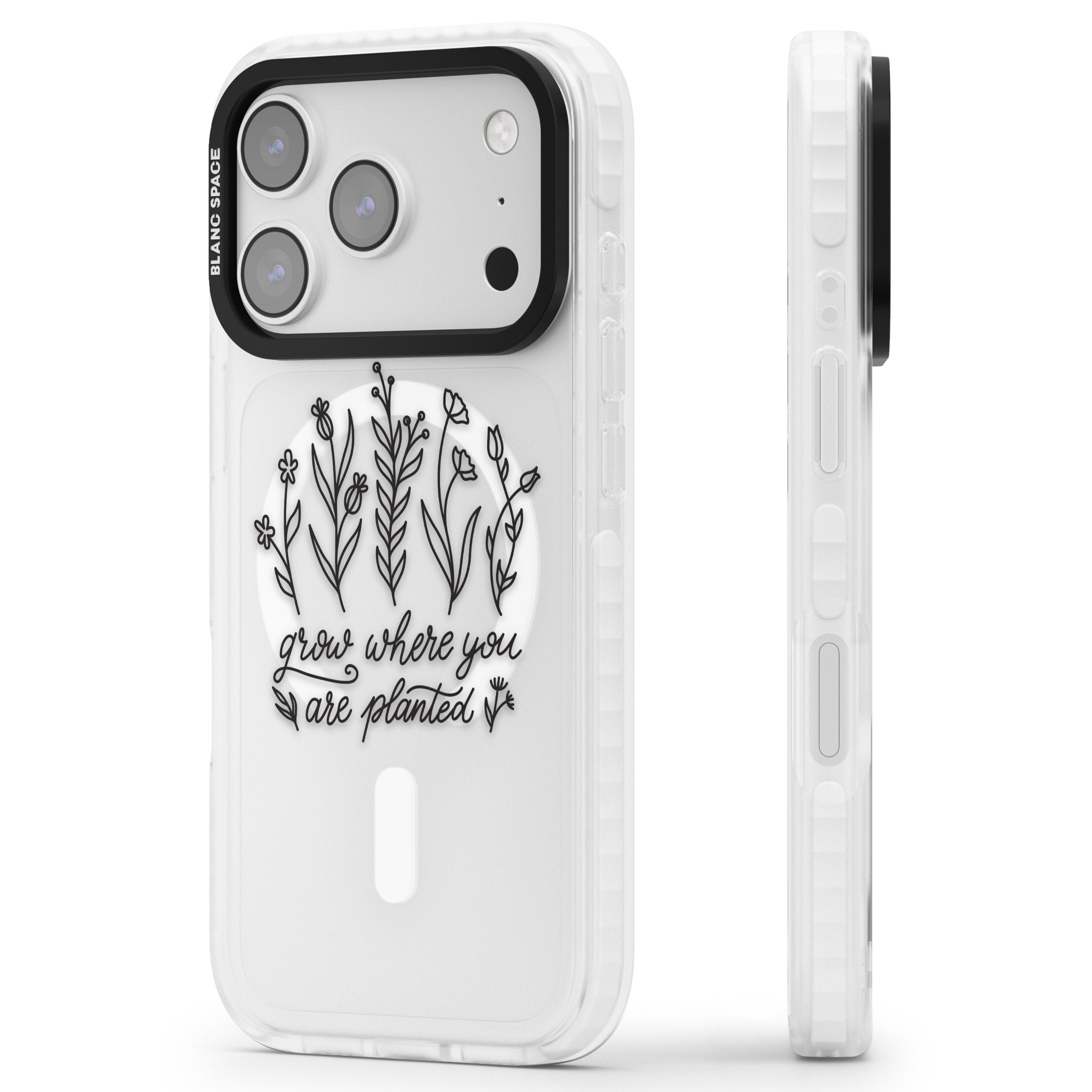 Grow Where You Are Planted iPhone 17 Pro Impact Pro Clear Phone Case Side Profile