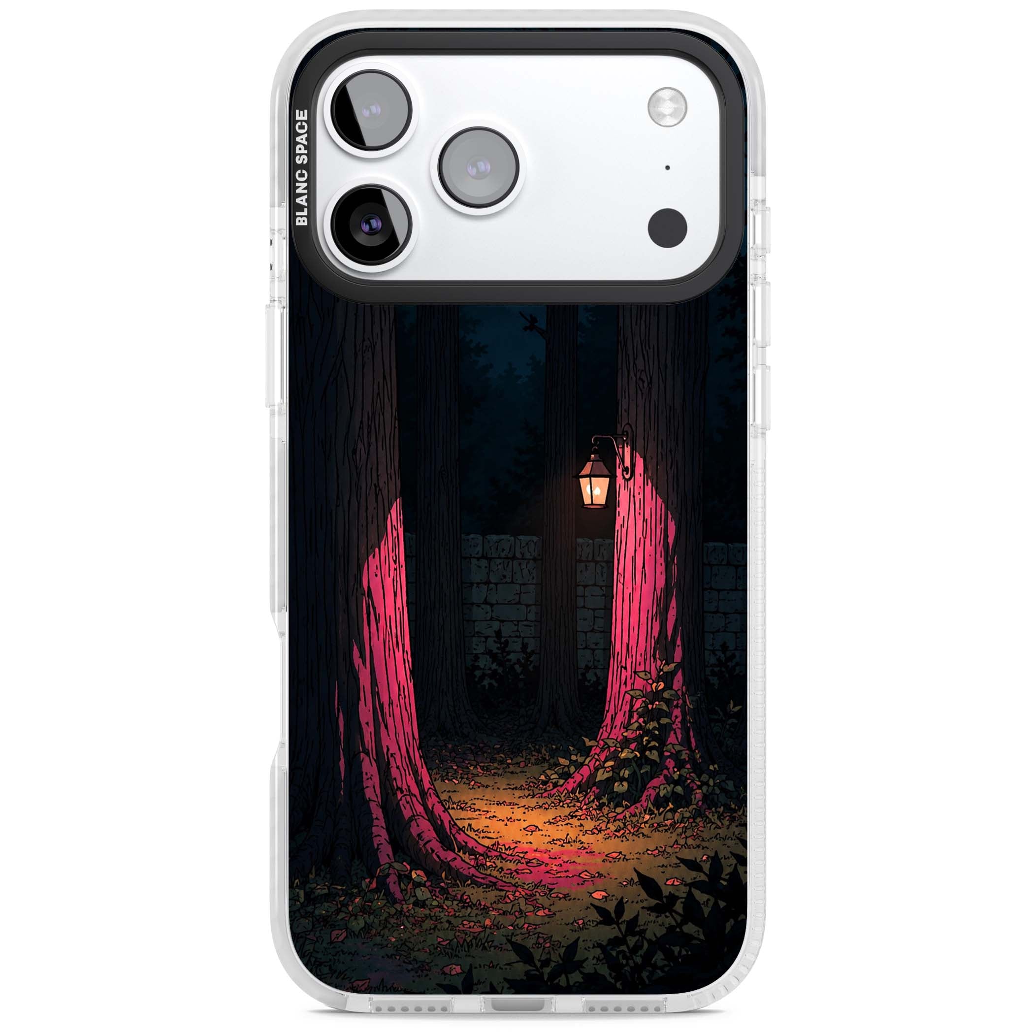 Forest Lantern dark academia iPhone case featuring a moonlit forest, glowing lantern, and stone wall pathway | Impact Magsafe case for iPhone 17 Pro, iPhone 17 Pro Max