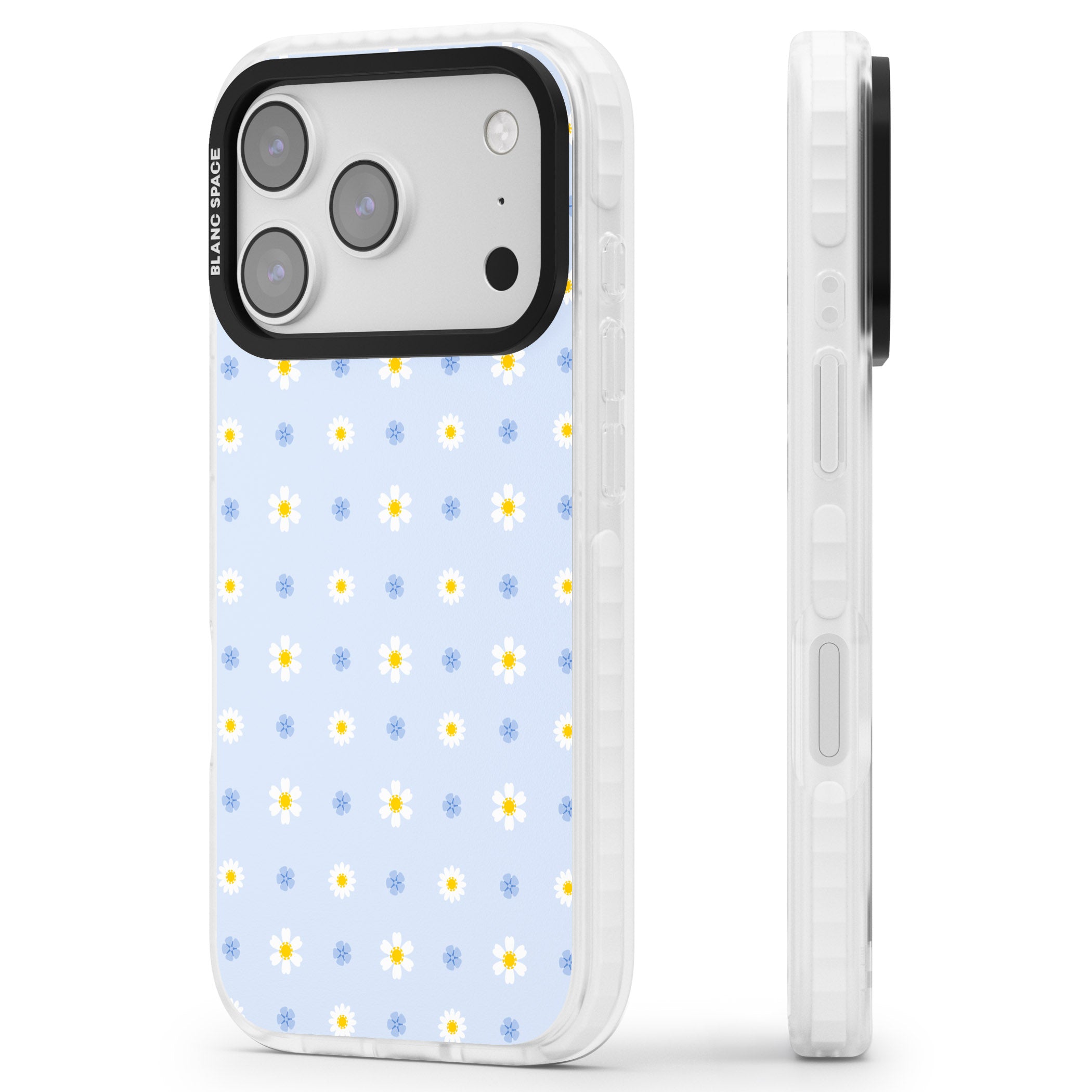 Pale Blue Daisies iPhone 17 Pro Max Impact Pro Clear Phone Case Side Profile
