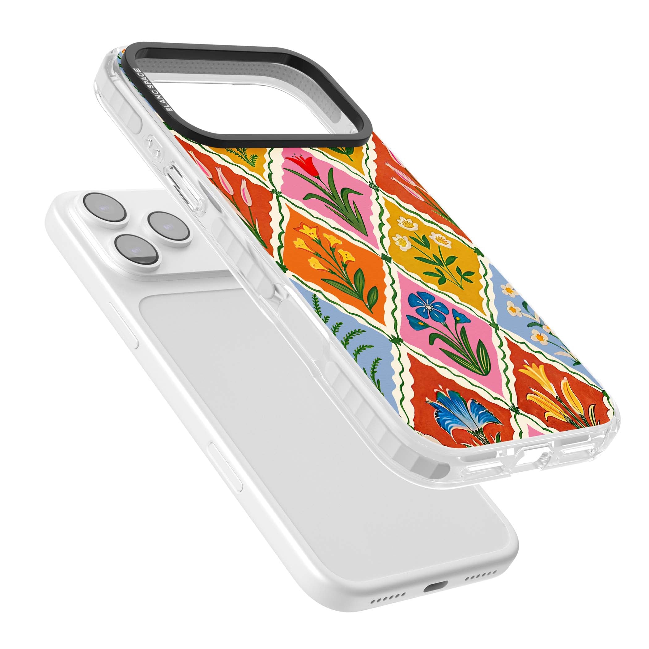 Floral Quilt boho floral iPhone case featuring diamond lattice pattern, hand-painted tulips and folk art wildflowers | Impact Magsafe case for iPhone 17 Pro, iPhone 17 Pro Max