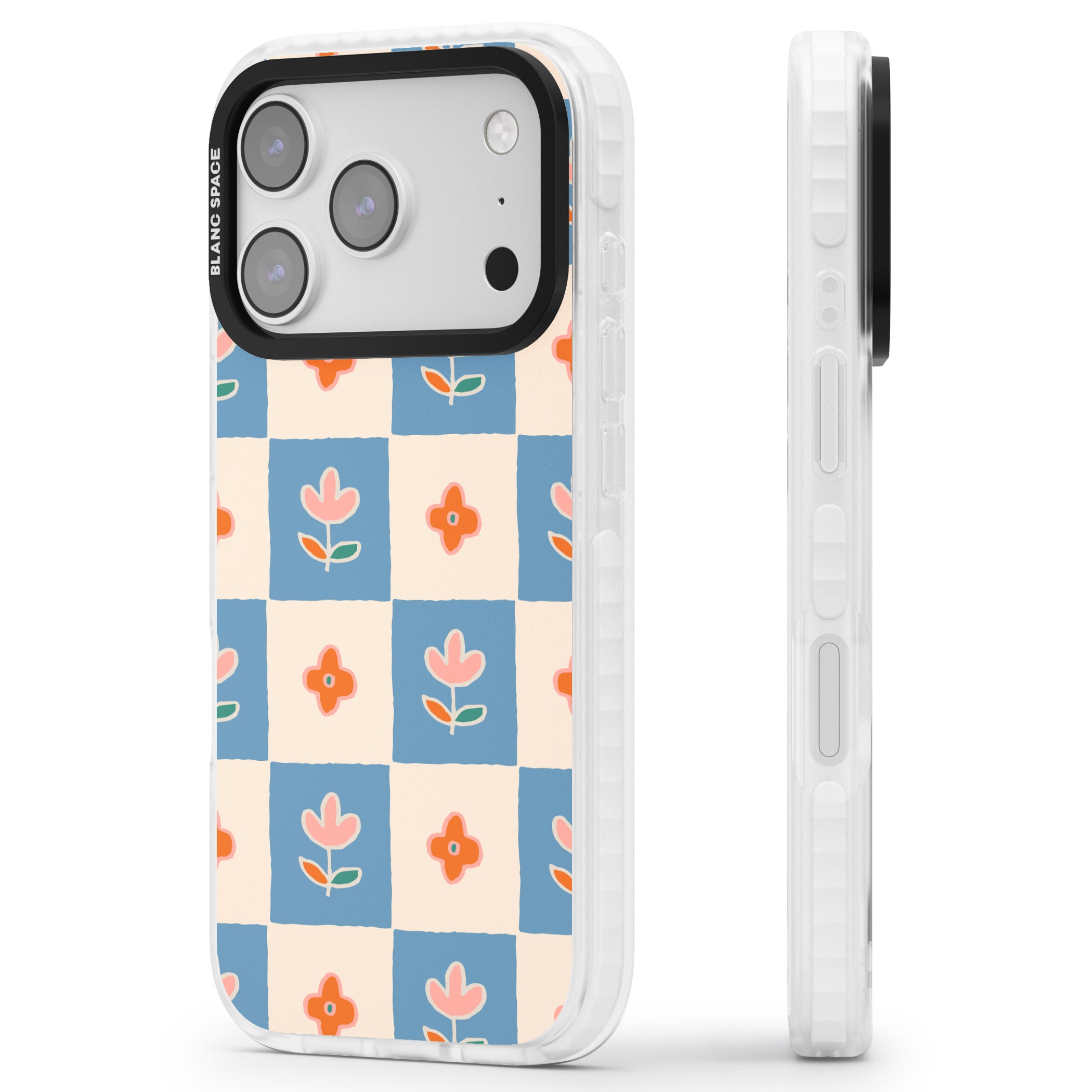 Vintage Bloom Checkered iPhone 17 Pro Impact Pro Clear Phone Case Side Profile