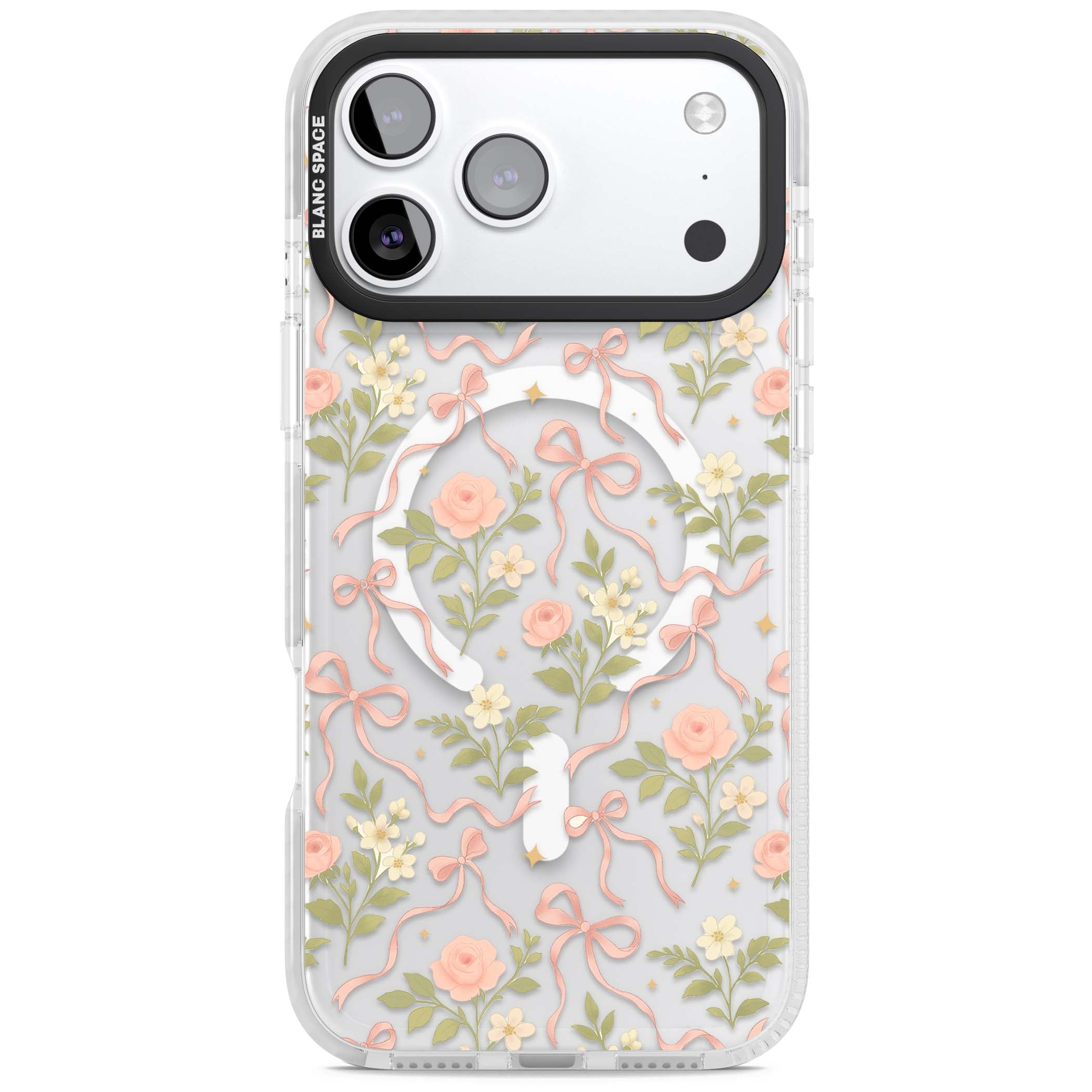 Ribbon Garden coquette iPhone case featuring pink bows, peach roses and wildflowers on white background | Impact Magsafe case for iPhone 17 Pro, iPhone 17 Pro Max