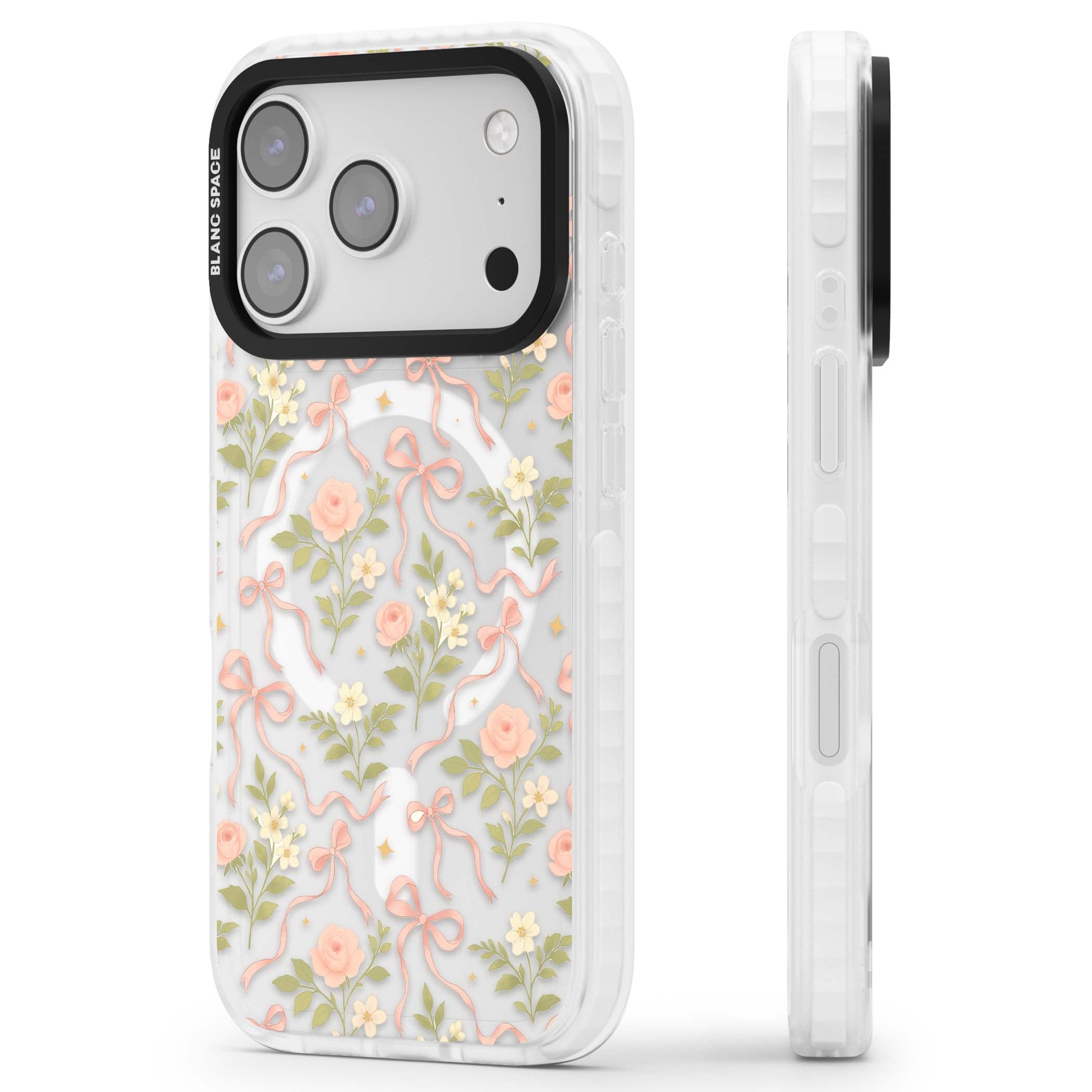 Ribbon Garden coquette iPhone case featuring pink bows, peach roses and wildflowers on white background | Impact Magsafe case for iPhone 17 Pro, iPhone 17 Pro Max