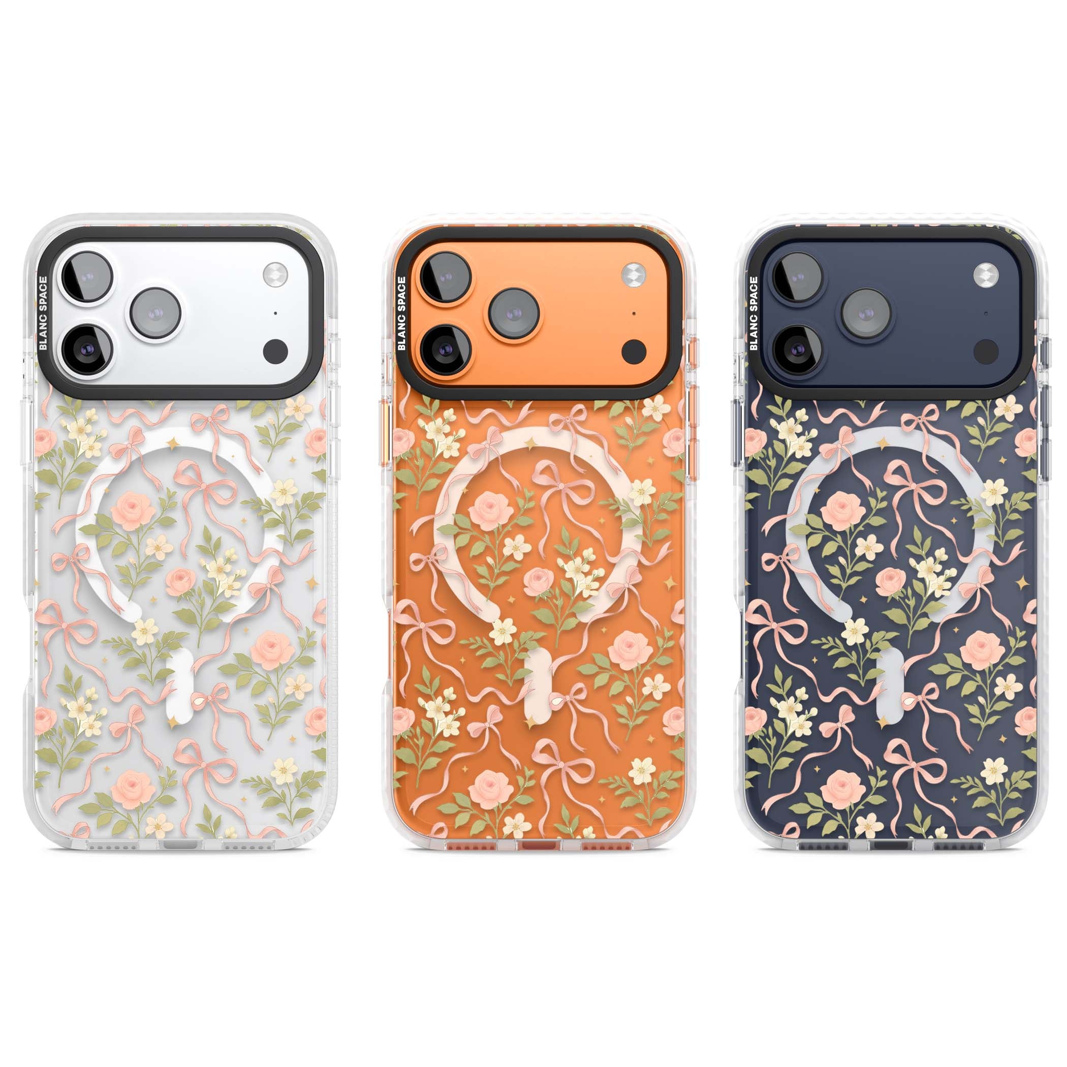 Ribbon Garden coquette iPhone case featuring pink bows, peach roses and wildflowers on white background | Impact Magsafe case for iPhone 17 Pro, iPhone 17 Pro Max
