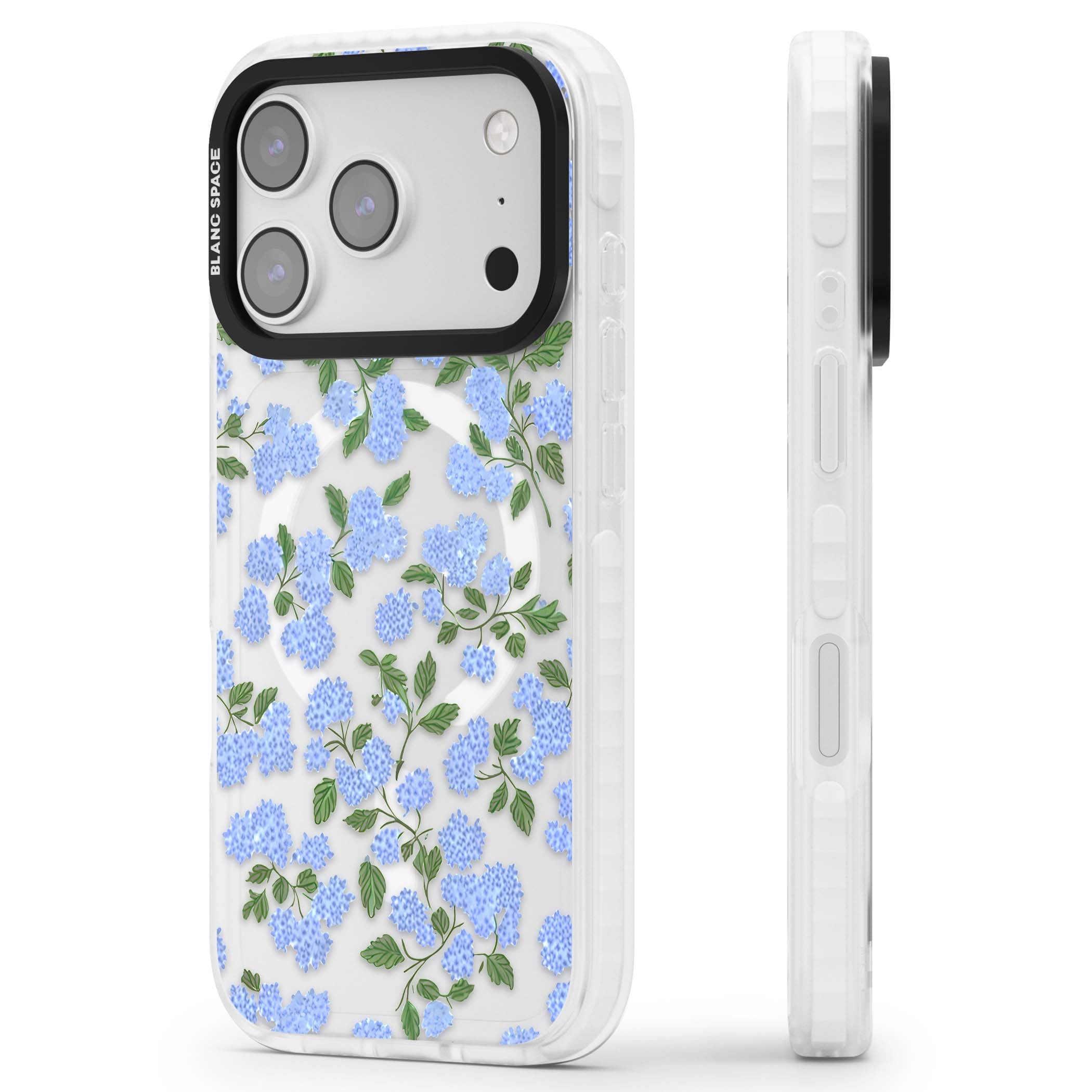 Hydrangea Dreams cottagecore iPhone case featuring soft blue hydrangea flower clusters and green leaves | Impact Magsafe case for iPhone 17 Pro, iPhone 17 Pro Max