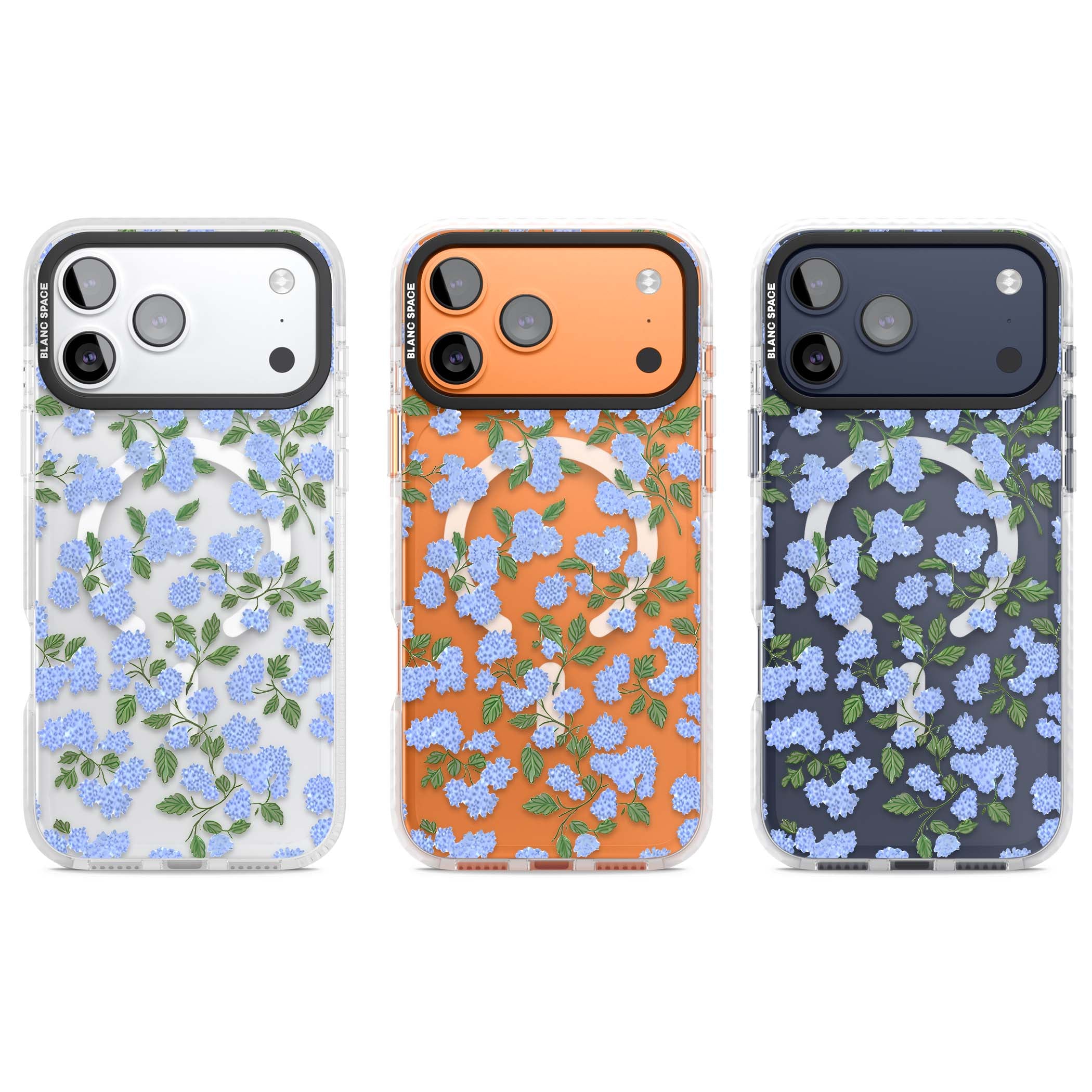 Hydrangea Dreams cottagecore iPhone case featuring soft blue hydrangea flower clusters and green leaves | Impact Magsafe case for iPhone 17 Pro, iPhone 17 Pro Max