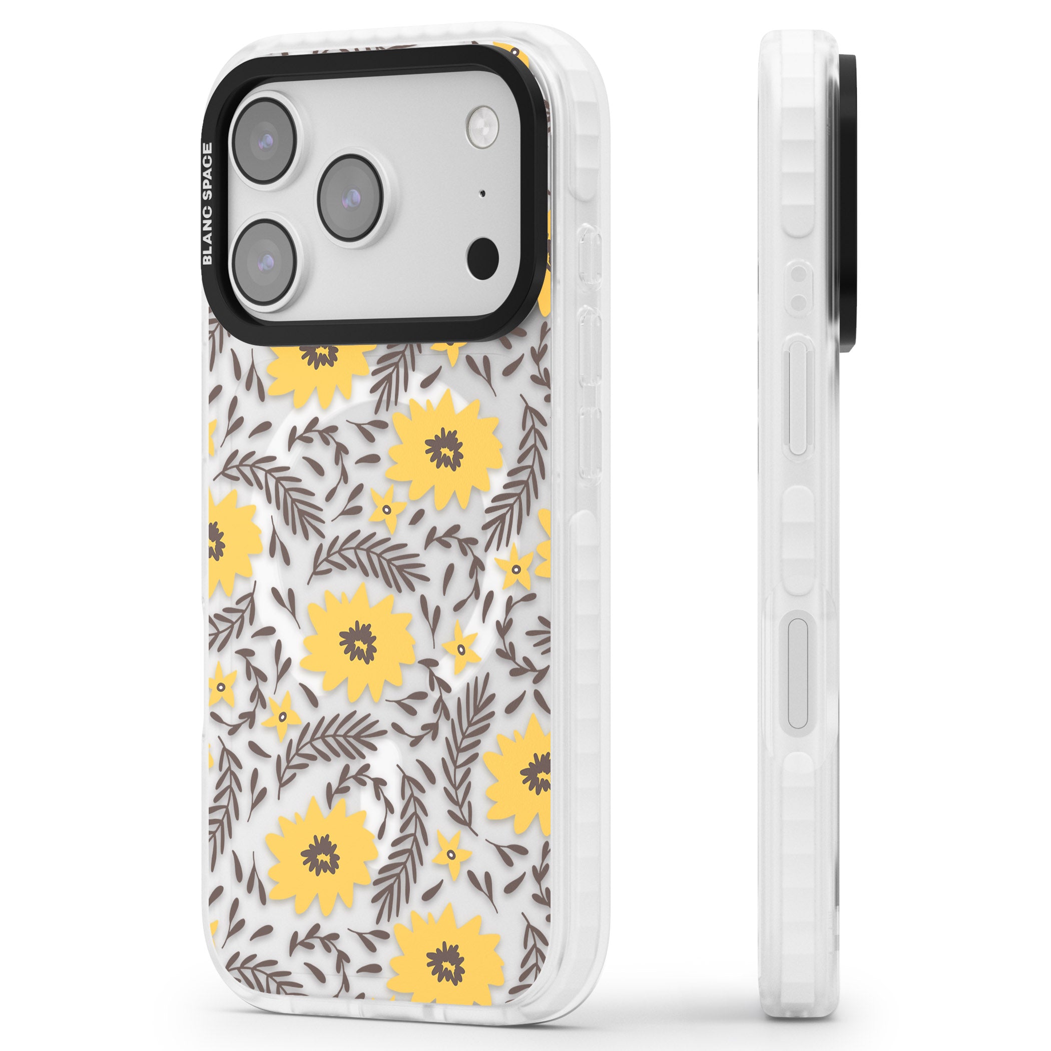 Yellow Blossoms Floral iPhone 17 Pro Impact Pro Clear Phone Case Side Profile