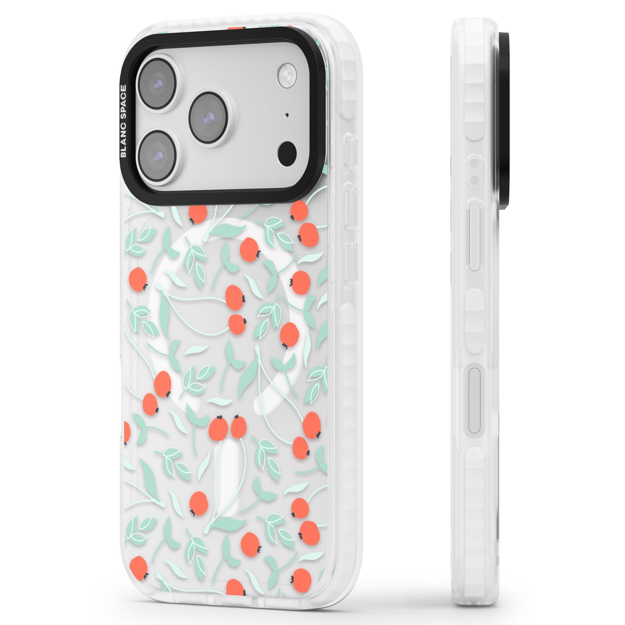 Red Berries Floral iPhone 17 Pro Impact Pro Clear Phone Case Side Profile