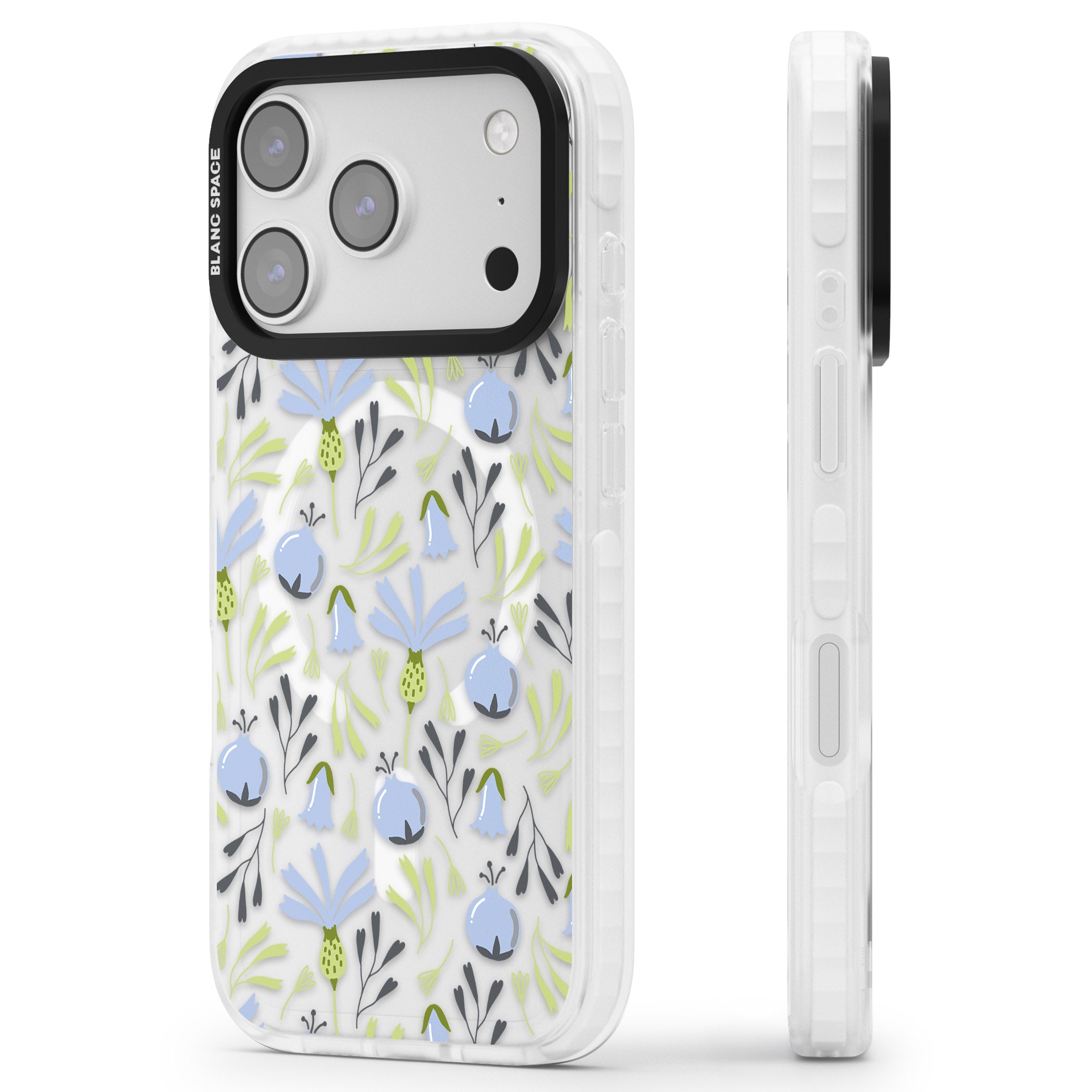 Blue Flora Bloom iPhone 17 Pro Max Impact Pro Clear Phone Case Side Profile