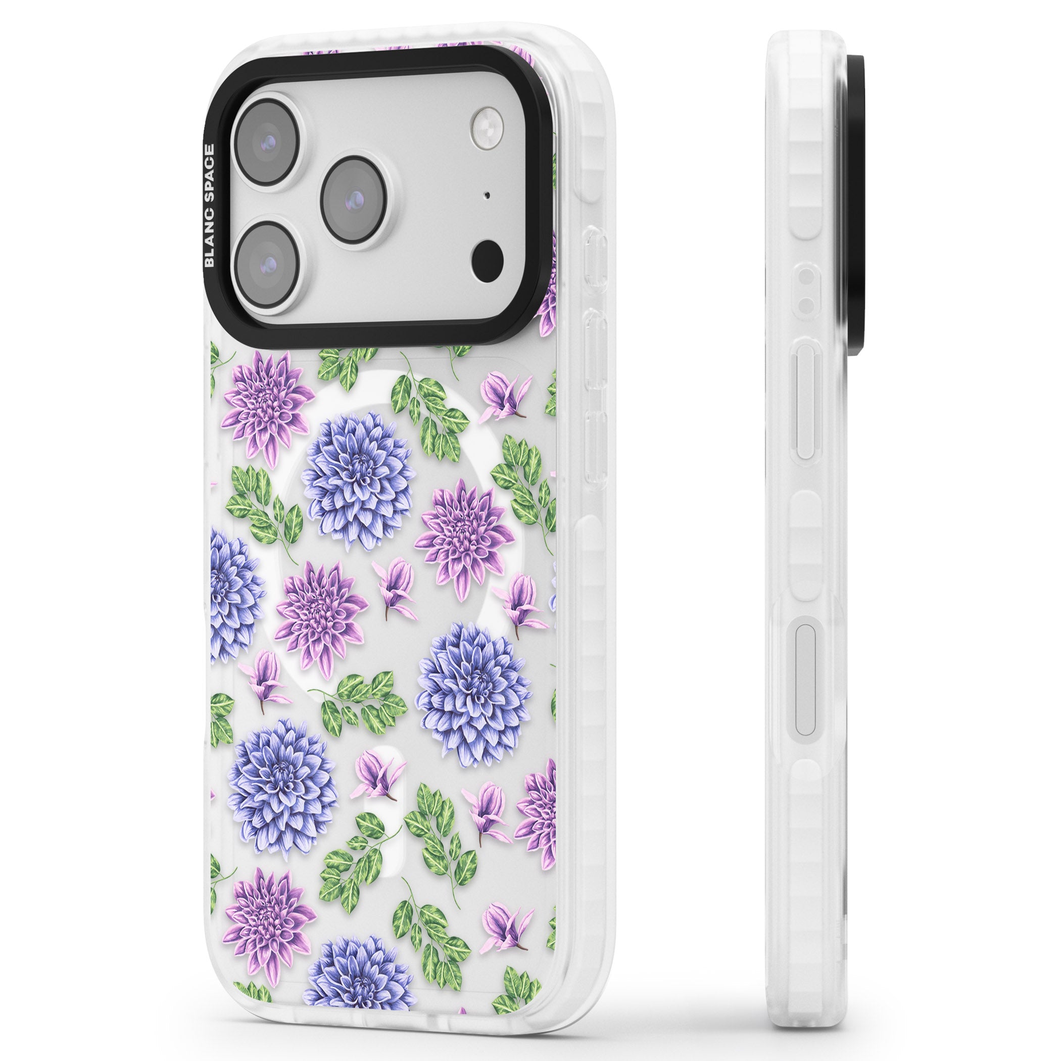 Purple Dahlias Floral iPhone 17 Pro Impact Pro Clear Phone Case Side Profile