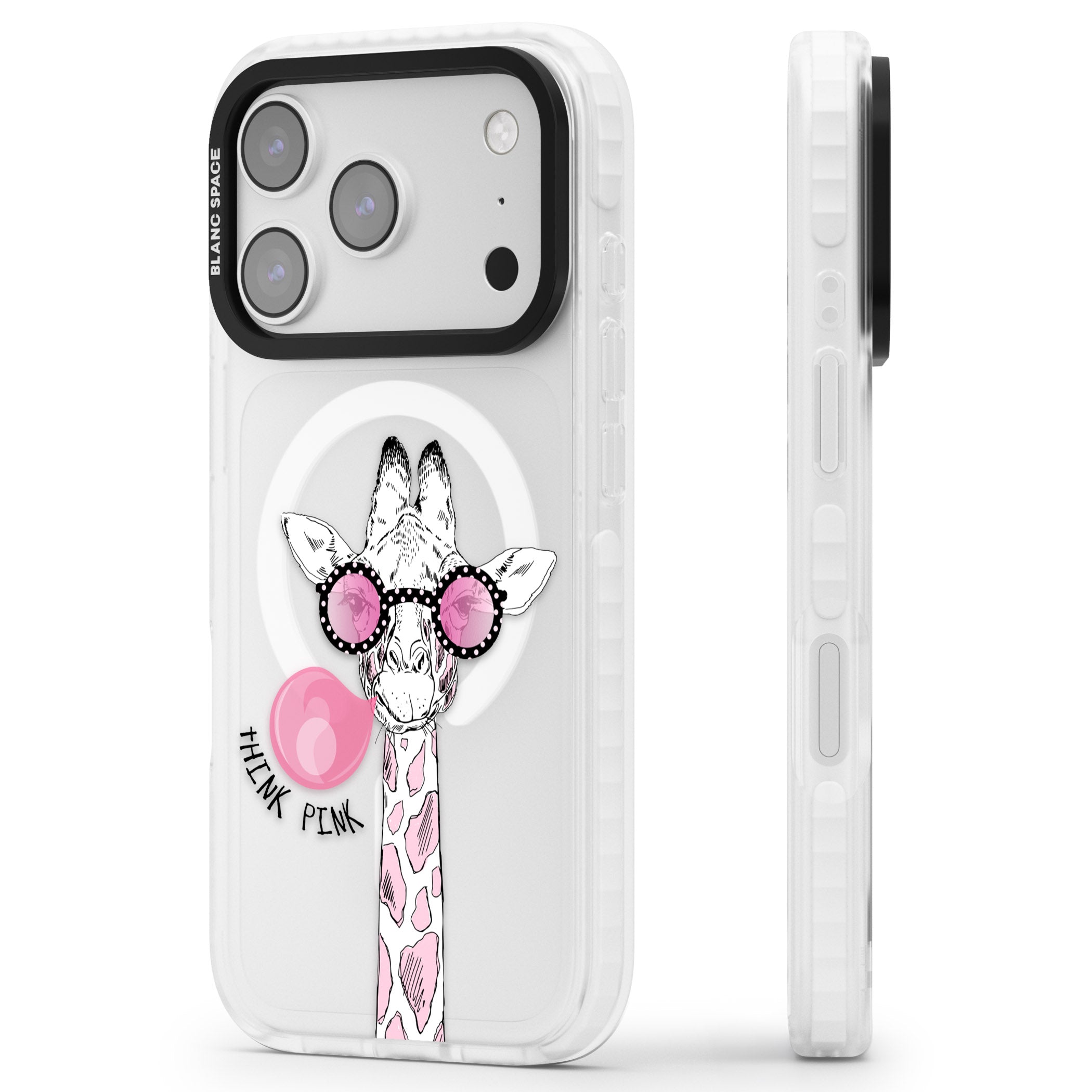 Think Pink Giraffe iPhone 17 Pro Impact Pro Clear Phone Case Side Profile