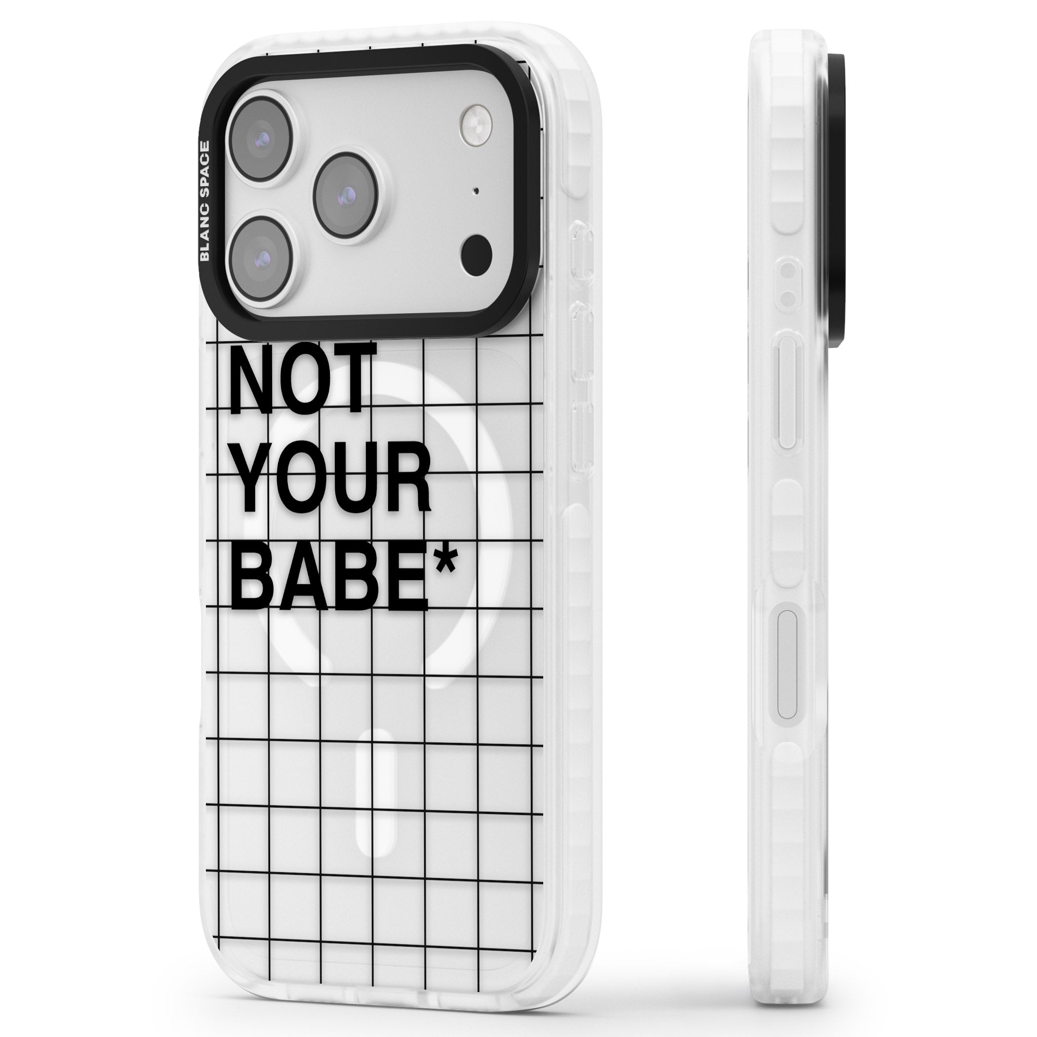 Not Your Babe iPhone 17 Pro Max Impact Pro Clear Phone Case Side Profile