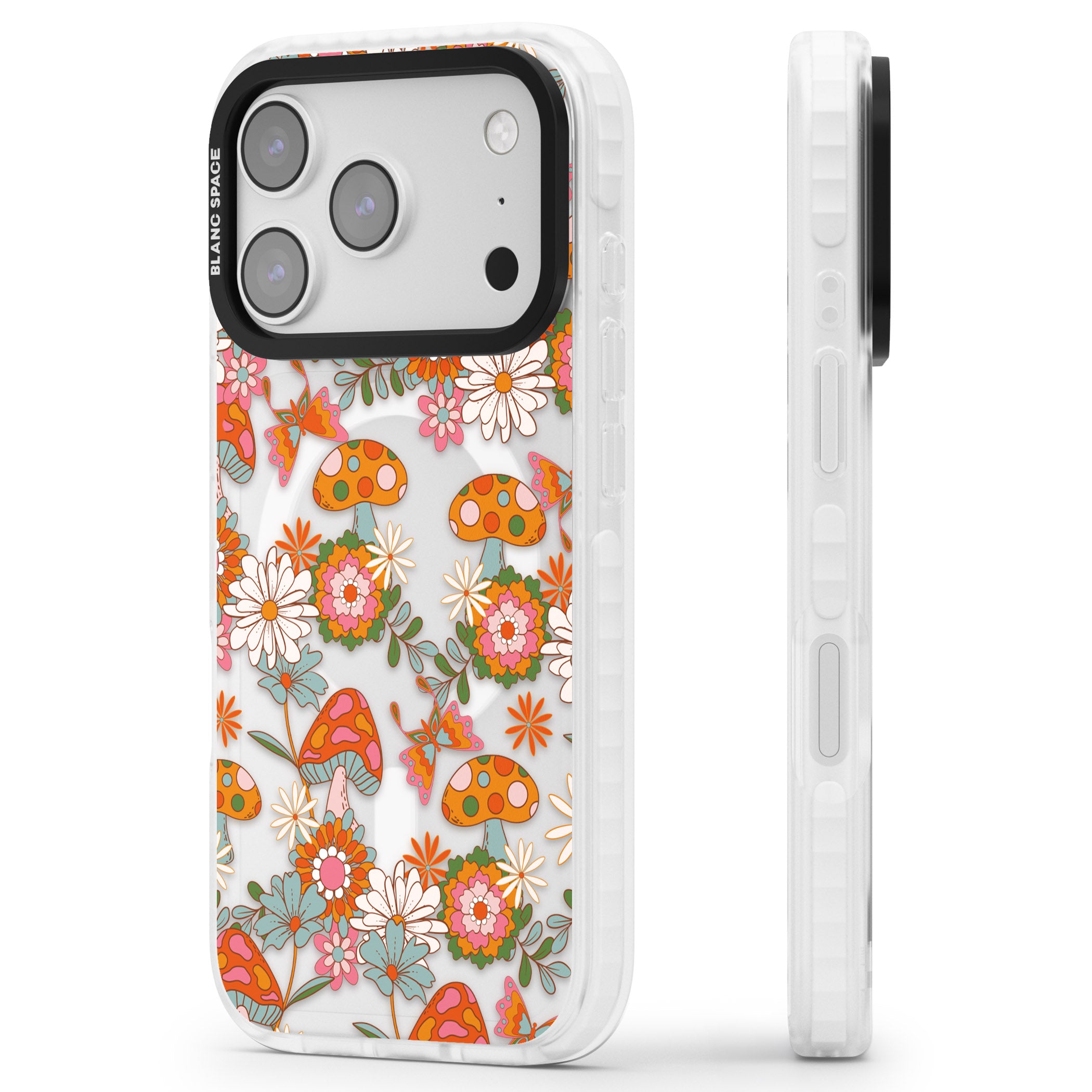 Groovy Shrooms & Flowers iPhone 17 Pro Max Impact Pro Clear Phone Case Side Profile