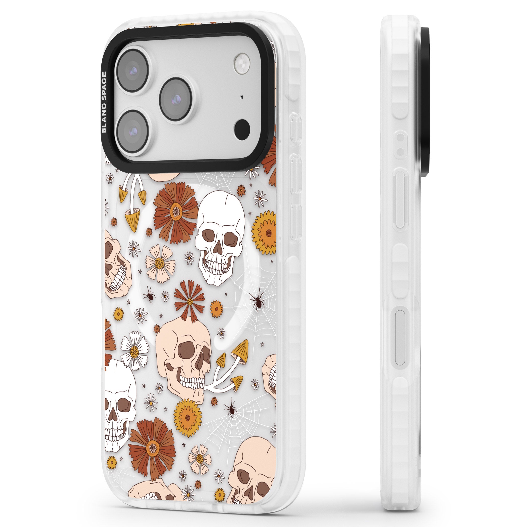 Halloween Skulls And Flowers iPhone 17 Pro Max Impact Pro Clear Phone Case Side Profile