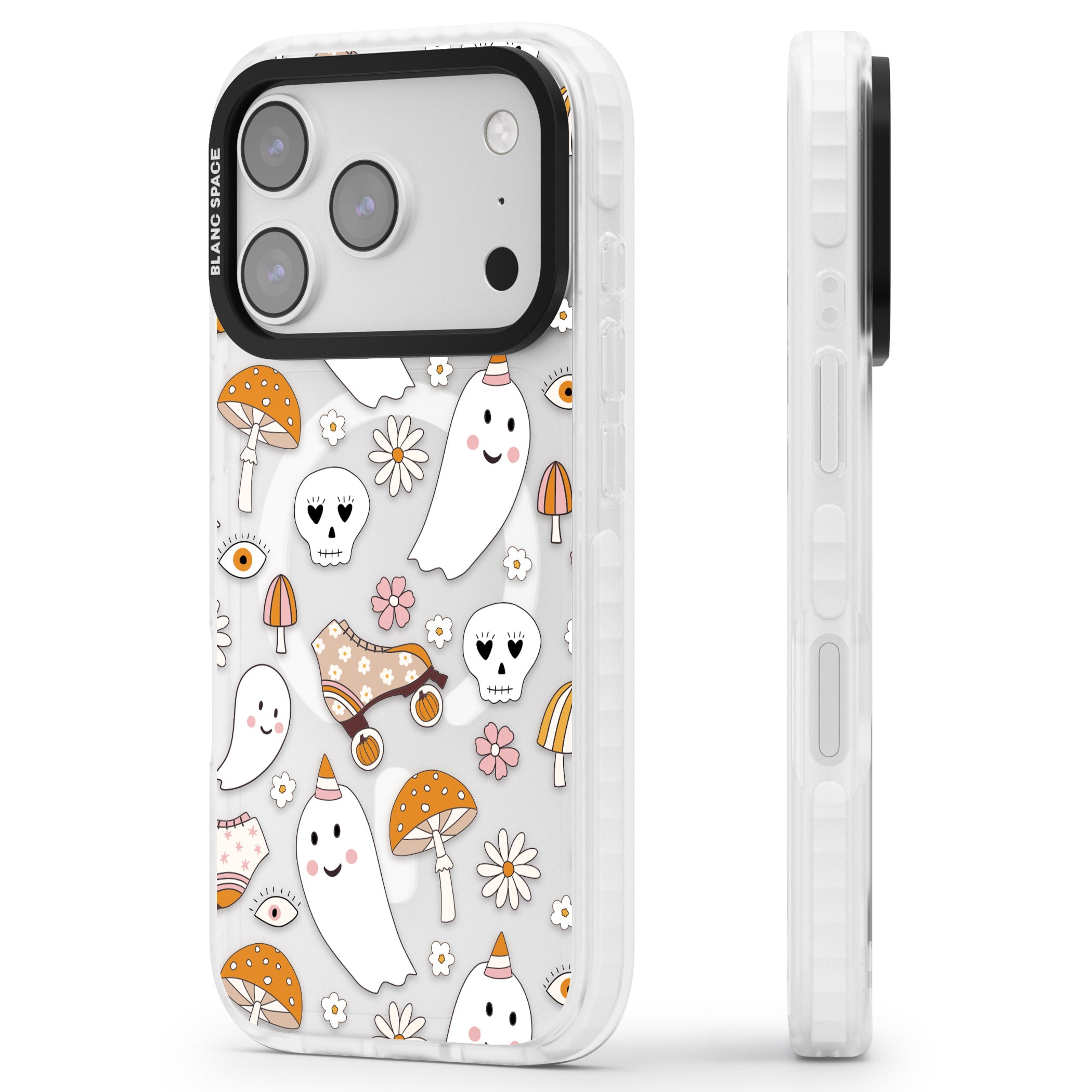 Cute Ghost And Skulls Pattern iPhone 17 Pro Impact Pro Clear Phone Case Side Profile