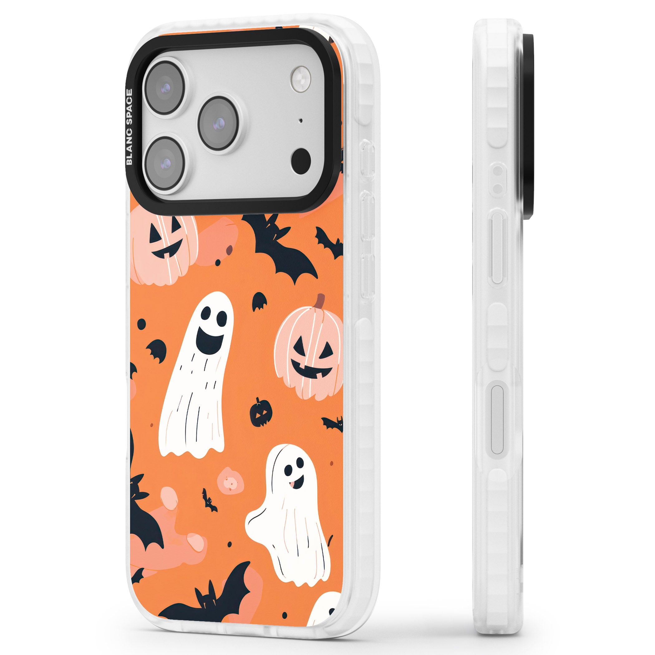 Orange Halloween Pattern iPhone 17 Pro Impact Pro Clear Phone Case Side Profile