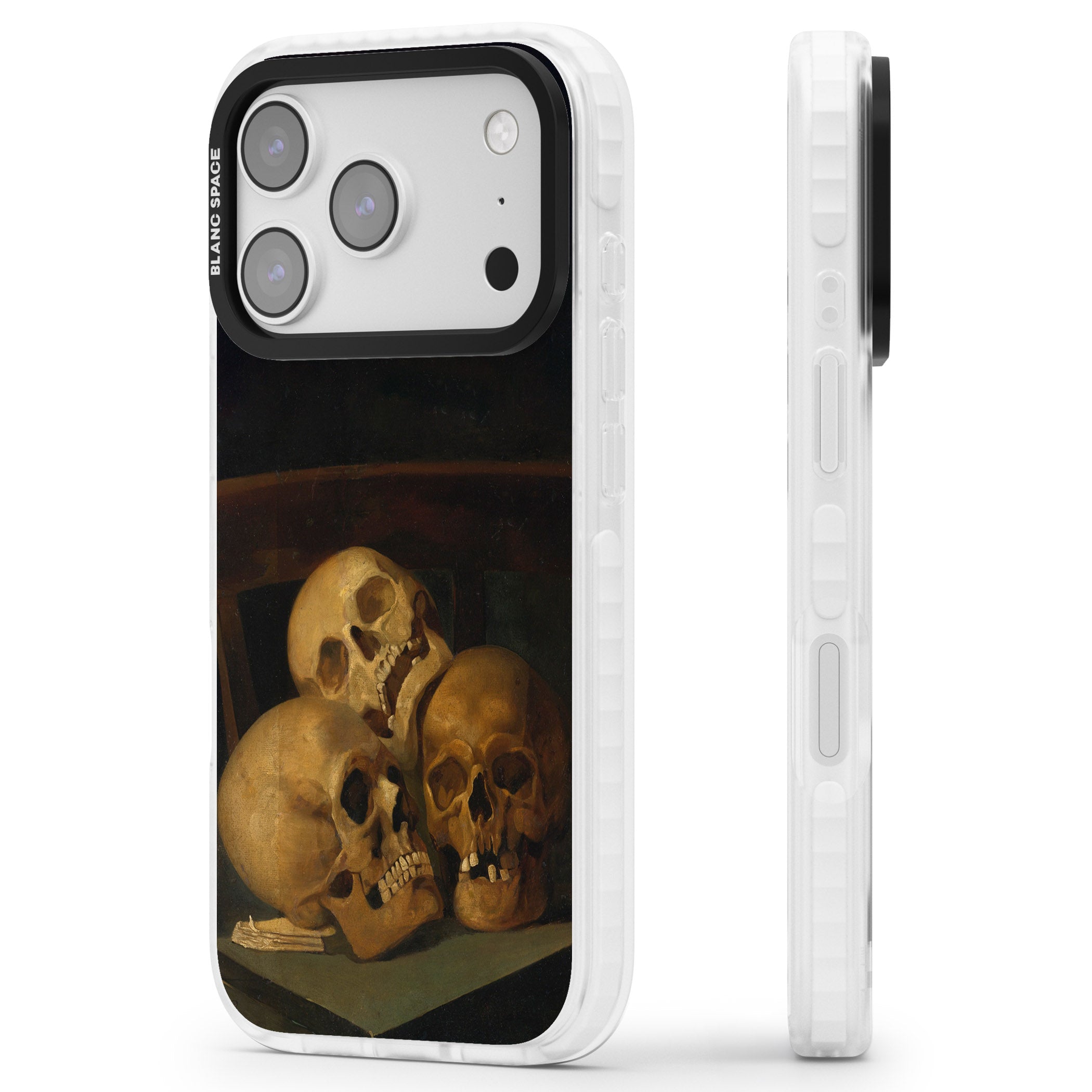 Still Life Of Three Skulls iPhone 17 Pro Max Impact Pro Clear Phone Case Side Profile