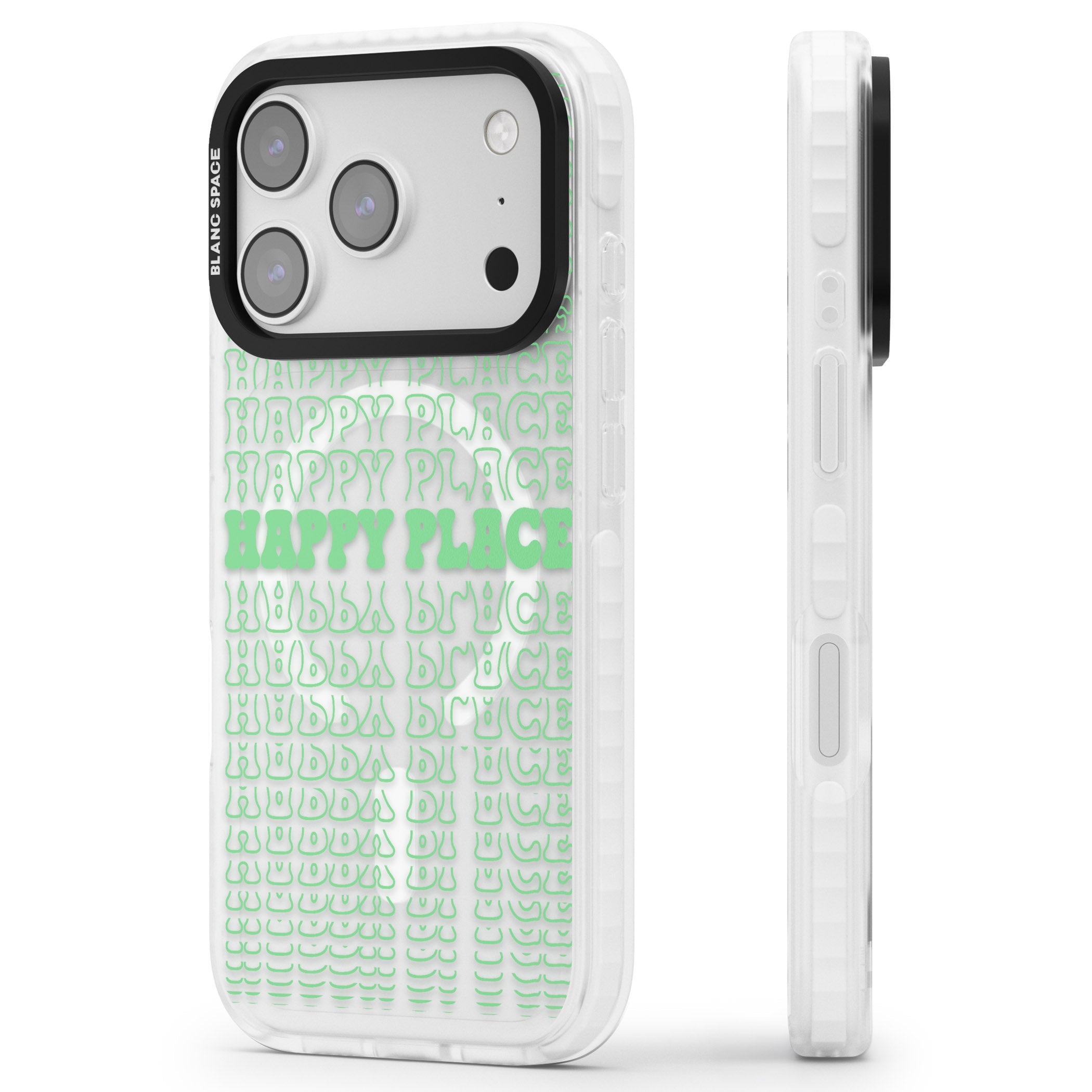 Happy Place (Green) iPhone 17 Pro Max Impact Pro Clear Phone Case Side Profile