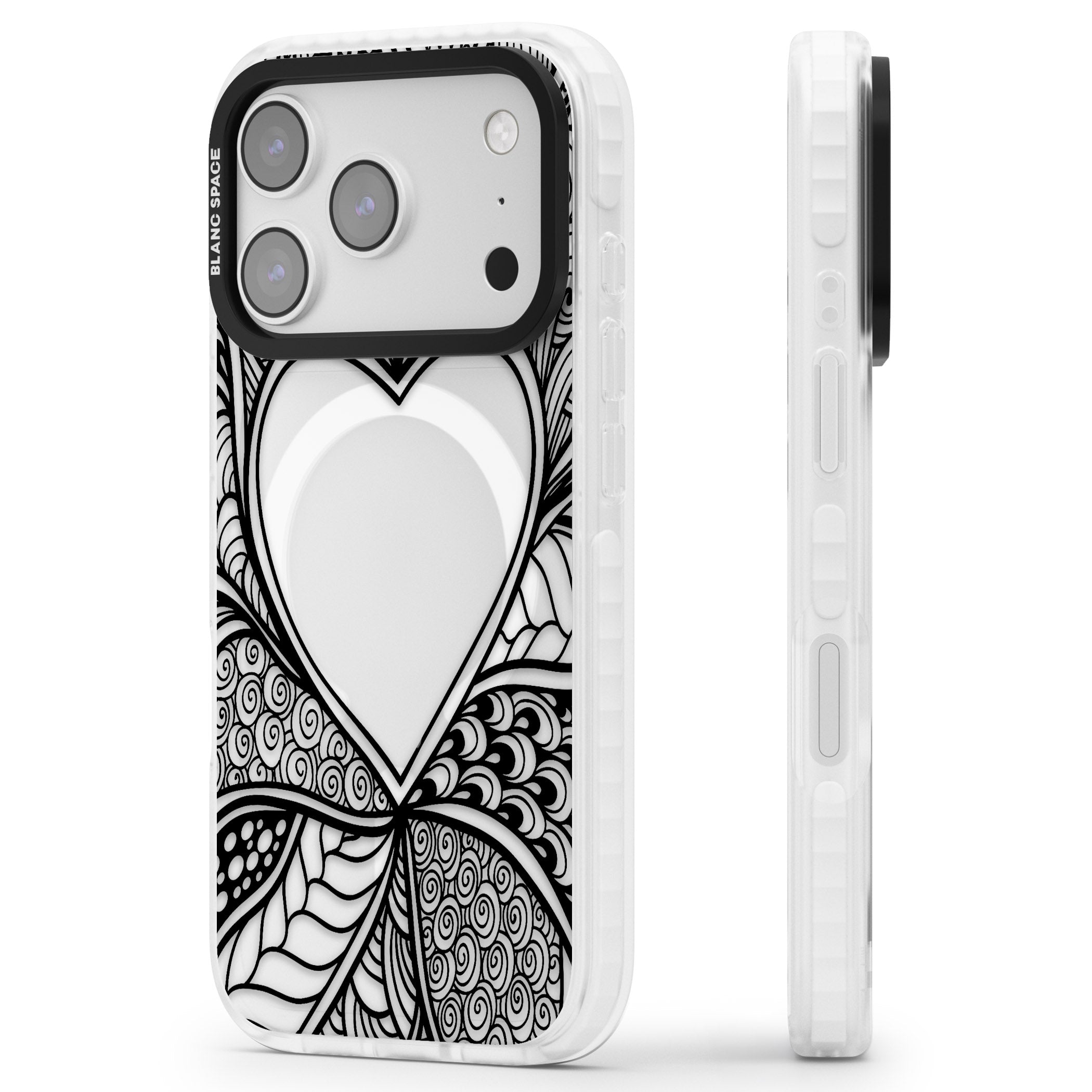 Black Henna Heart iPhone 17 Pro Impact Pro Clear Phone Case Side Profile