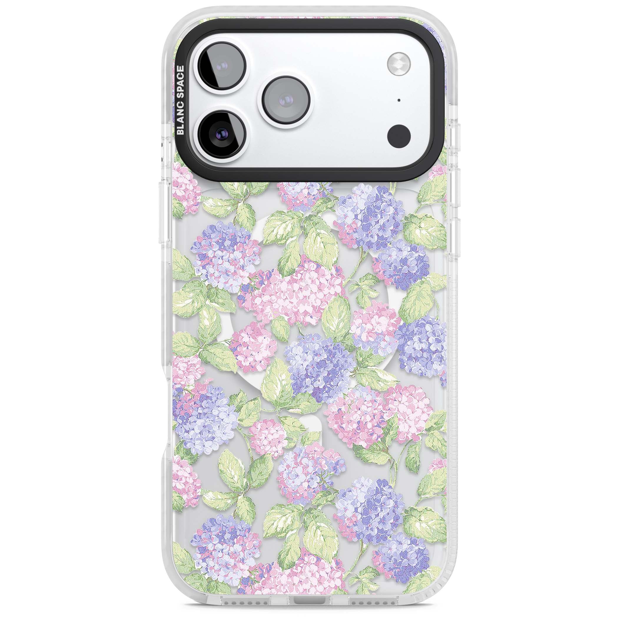 Cottage Hydrangea cottagecore iPhone case featuring pink and purple hydrangea blooms with green leaves on a clear background | Impact Magsafe case for iPhone 17 Pro, iPhone 17 Pro Max