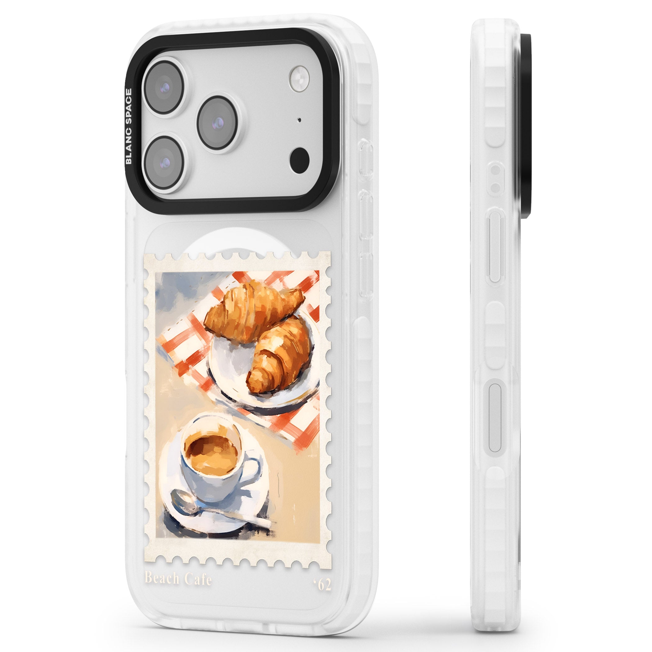 Cafe Stamp iPhone 17 Pro Impact Pro Clear Phone Case Side Profile