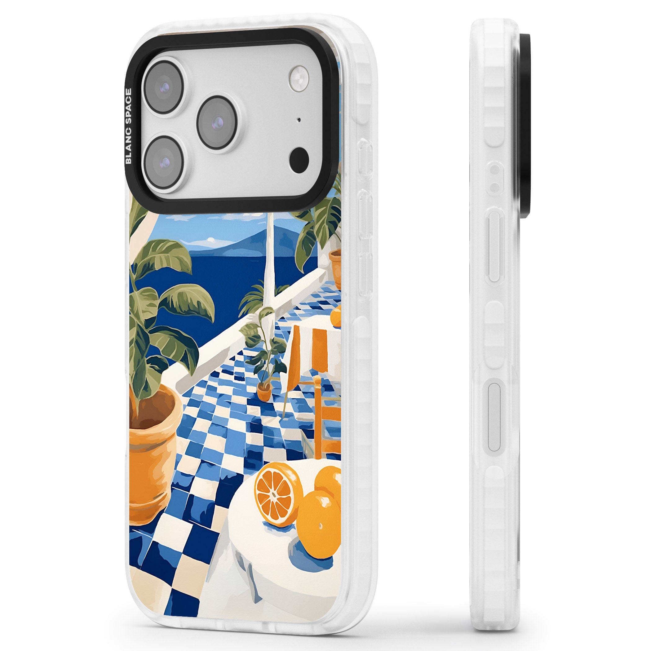 Greek Balcony iPhone 17 Pro Impact Pro Clear Phone Case Side Profile