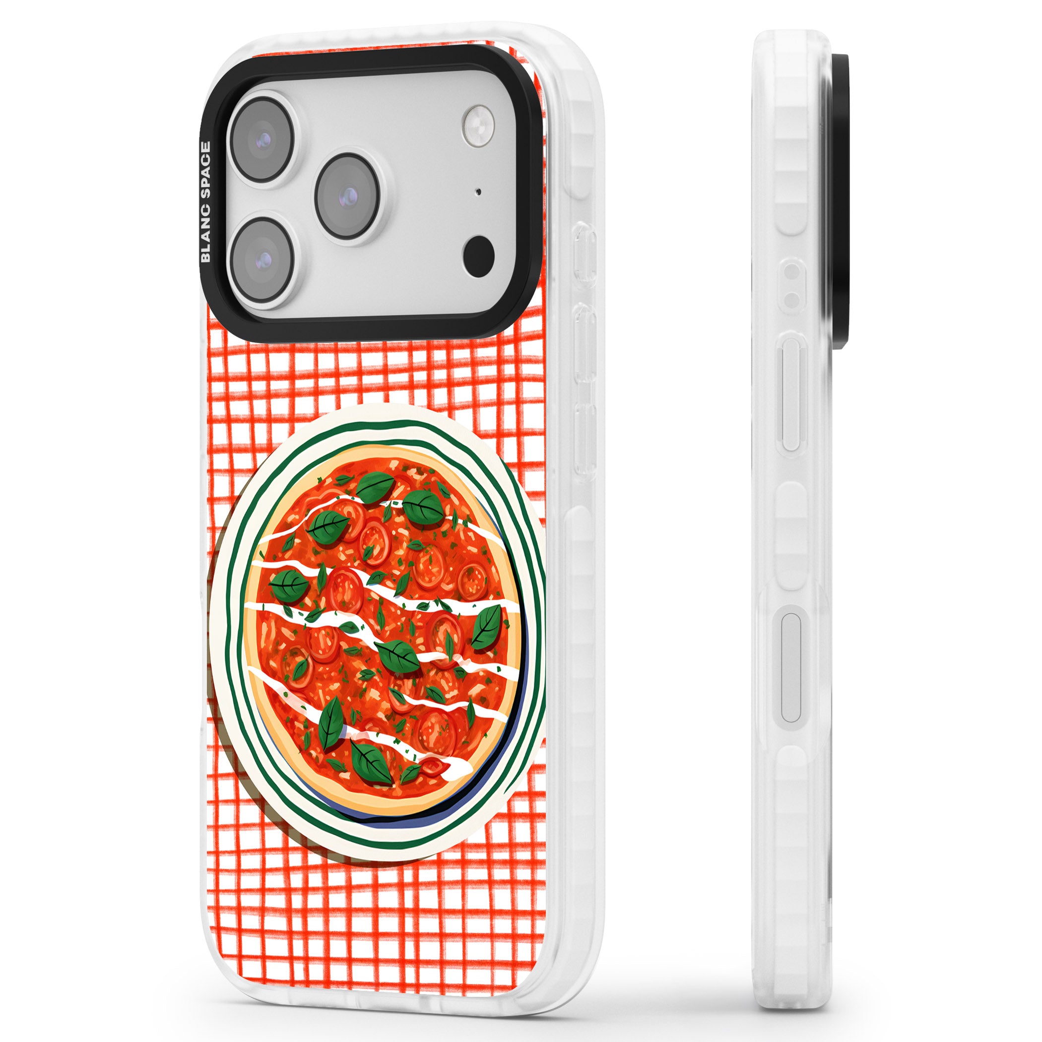 Margherita On Red Check iPhone 17 Pro Max Impact Pro Clear Phone Case Side Profile