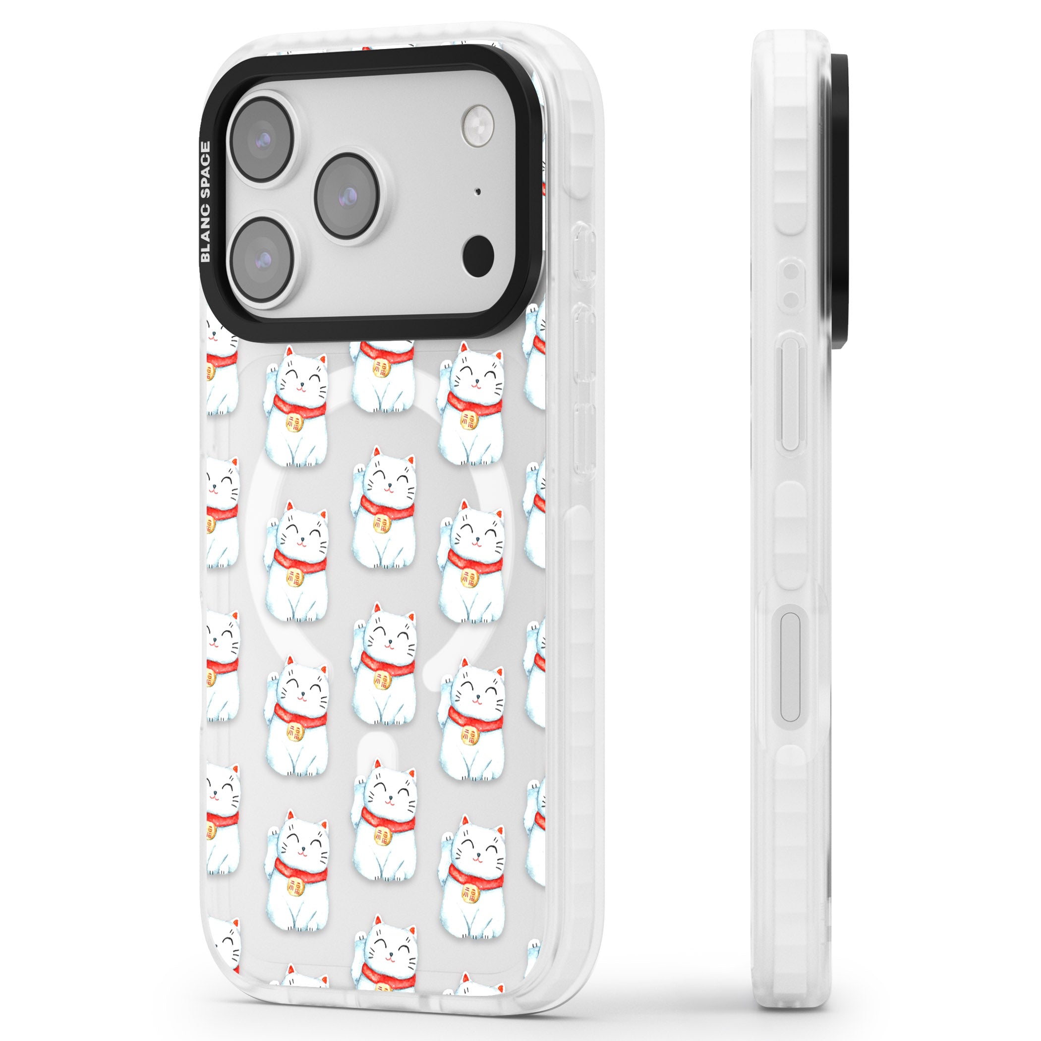 Lucky Cat Pattern iPhone 17 Pro Impact Pro Clear Phone Case Side Profile