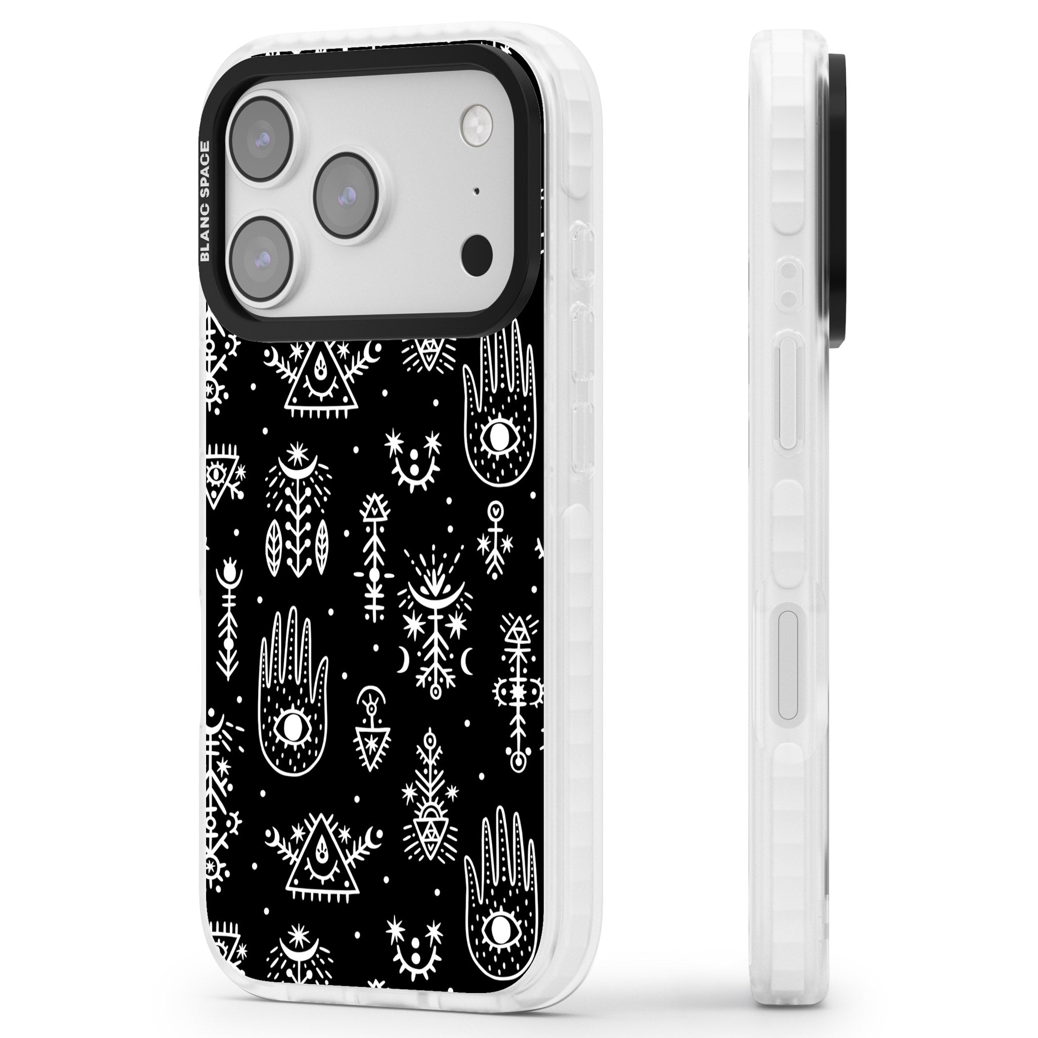 Tribal Symbols Black iPhone 17 Pro Impact Pro Clear Phone Case Side Profile
