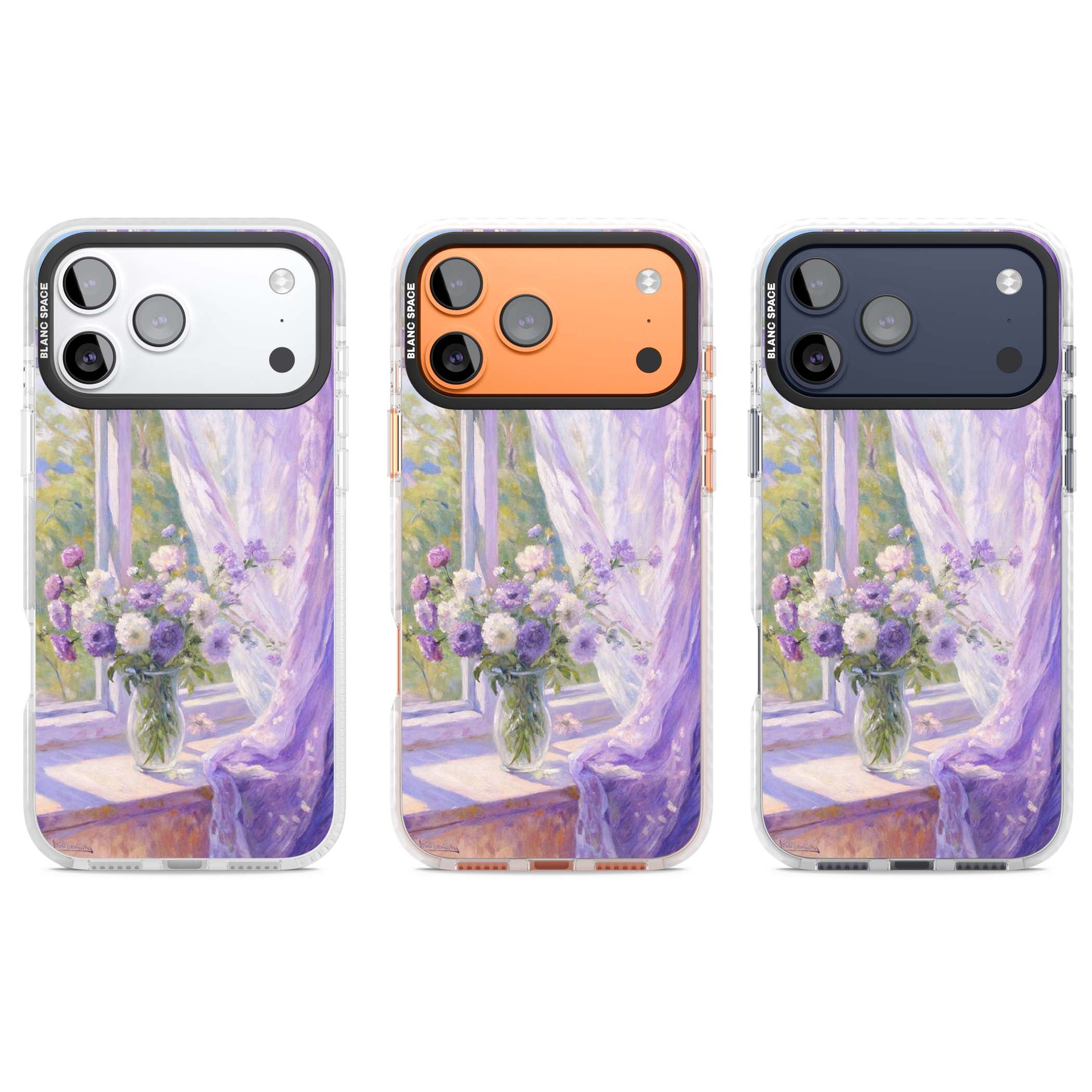 A Provence Morning impressionist art iPhone case featuring a vase of purple flowers, sunlit window and sheer curt | Impact Magsafe case for iPhone 17 Pro, iPhone 17 Pro Max
