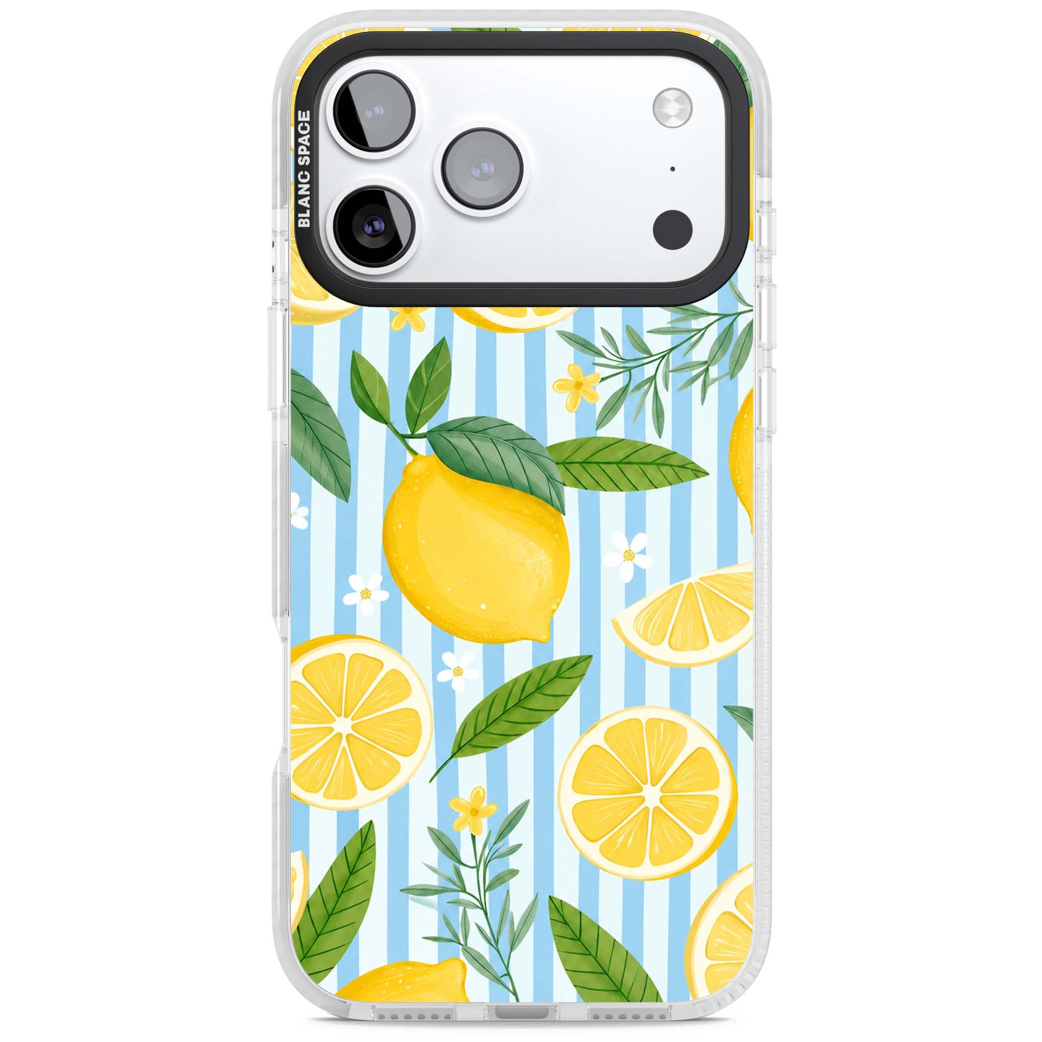Capri Citrus Stripe coastal iPhone case featuring yellow lemons, blue stripes, and white daisy blossoms | Impact Magsafe case for iPhone 17 Pro, iPhone 17 Pro Max
