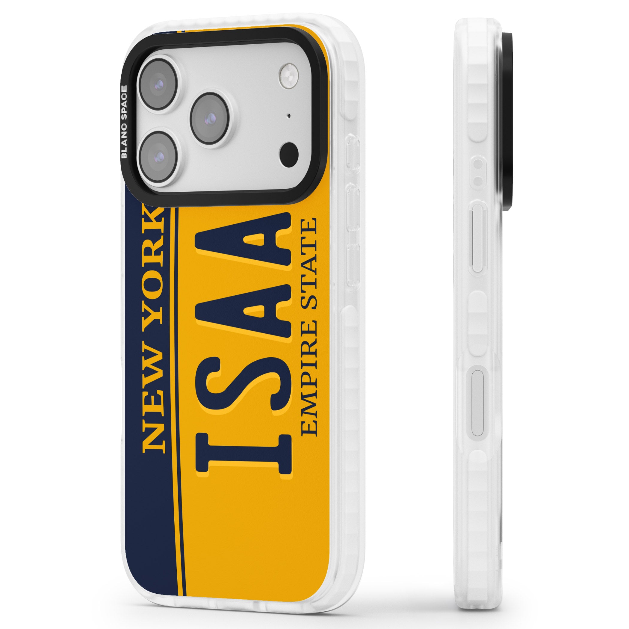 Personalised New York License Plate iPhone 17 Pro Impact Pro Clear Phone Case Side Profile