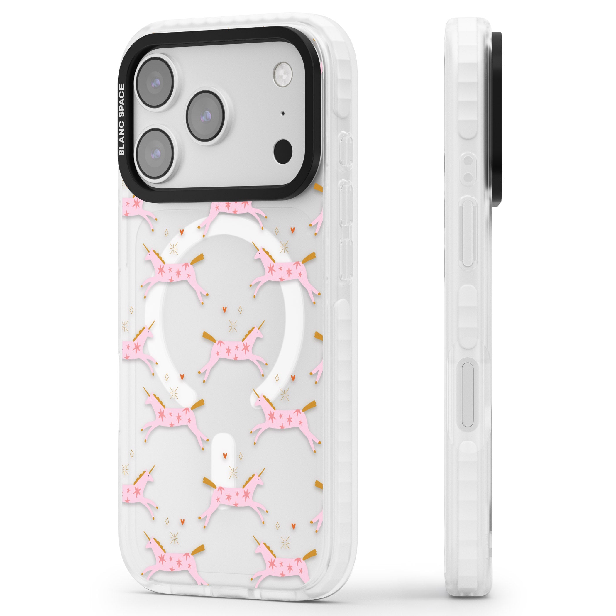 Pink Unicorn iPhone 17 Pro Impact Pro Clear Phone Case Side Profile