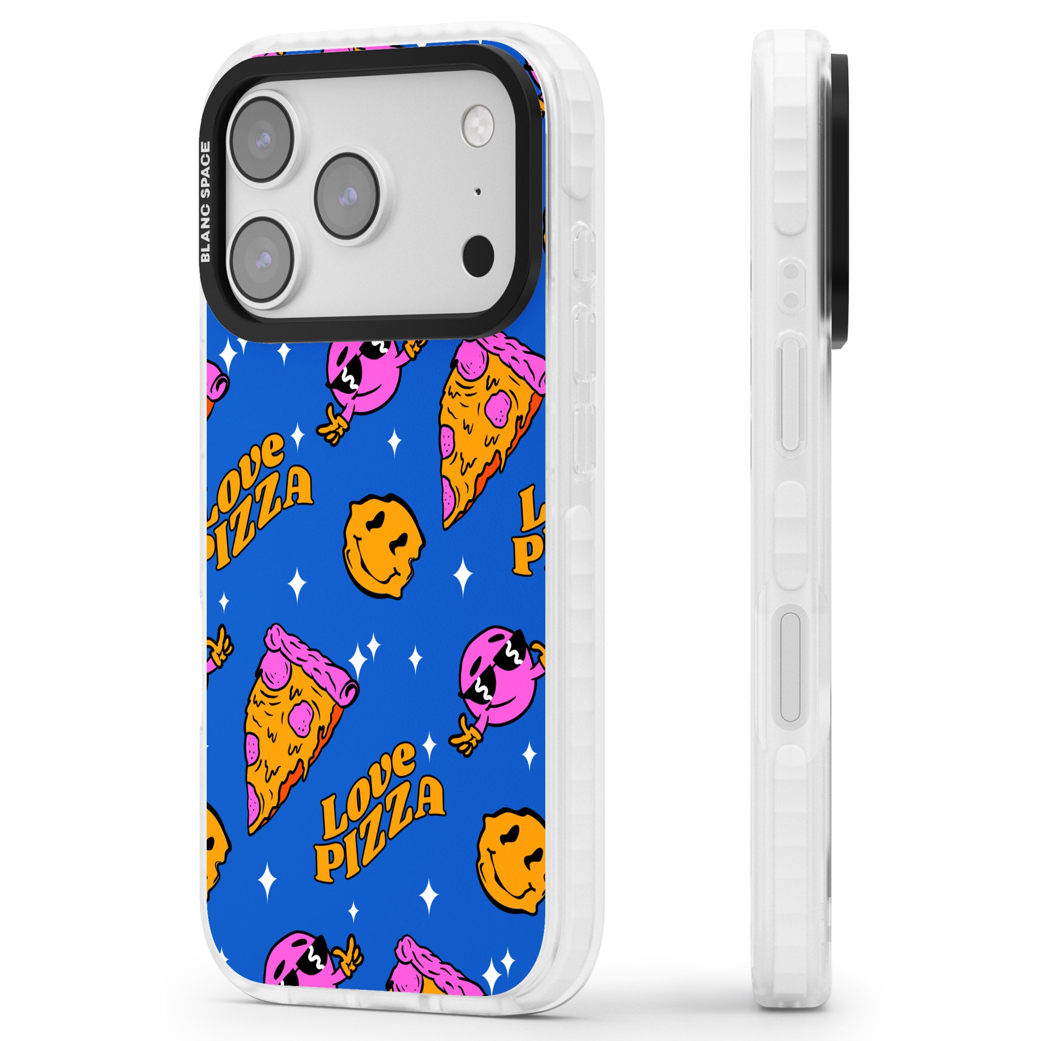 Psychedelic Love Pizza Pattern iPhone 17 Pro Max Impact Pro Clear Phone Case Side Profile