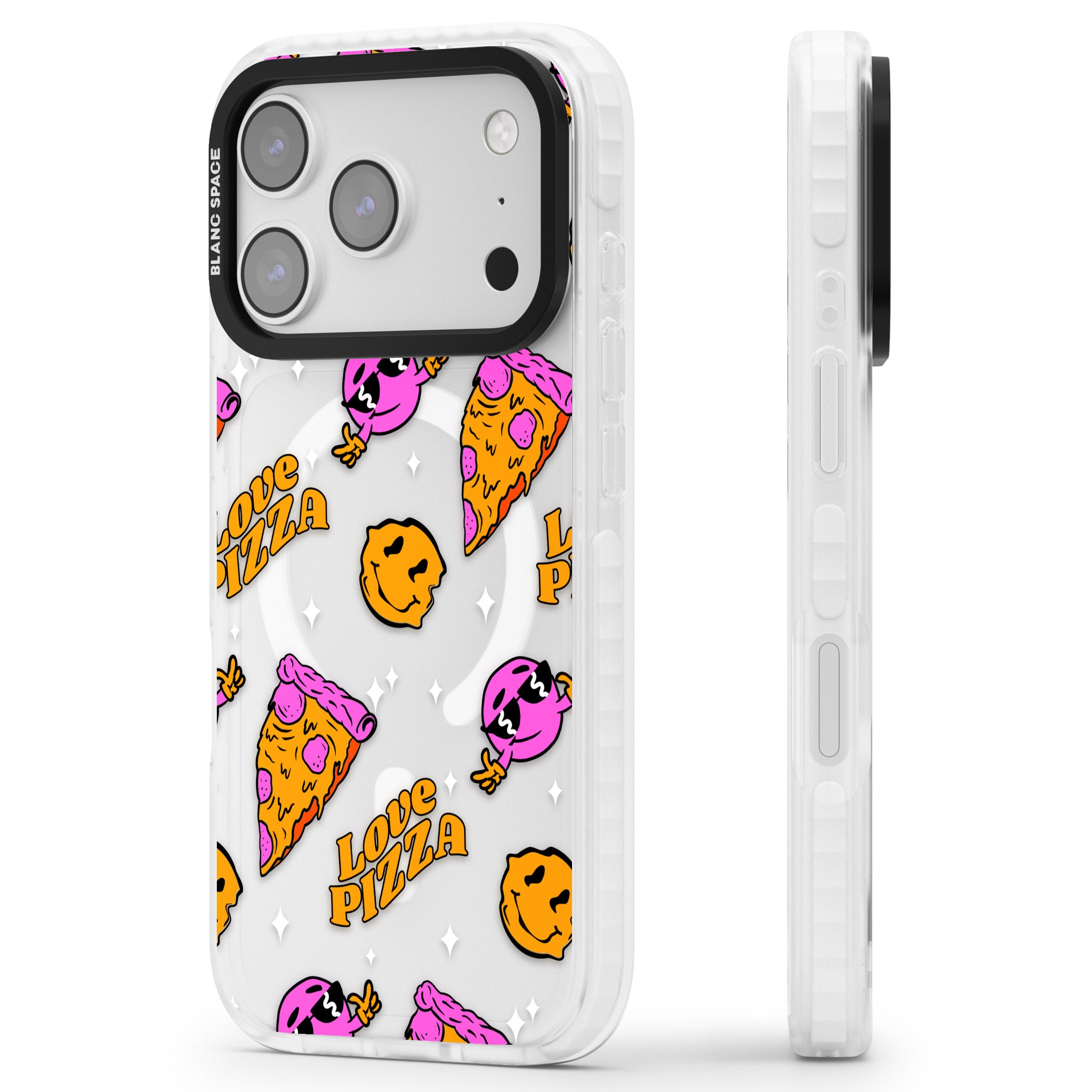 Psychedelic Love Pizza Pattern (Clear) iPhone 17 Pro Max Impact Pro Clear Phone Case Side Profile
