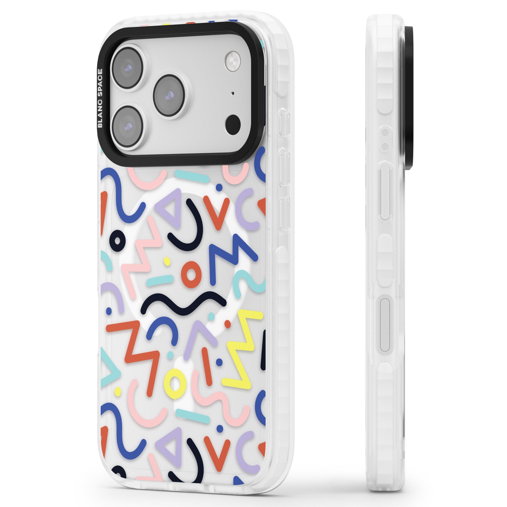 Memphis Retro Pattern iPhone 17 Pro Impact Pro Clear Phone Case Side Profile