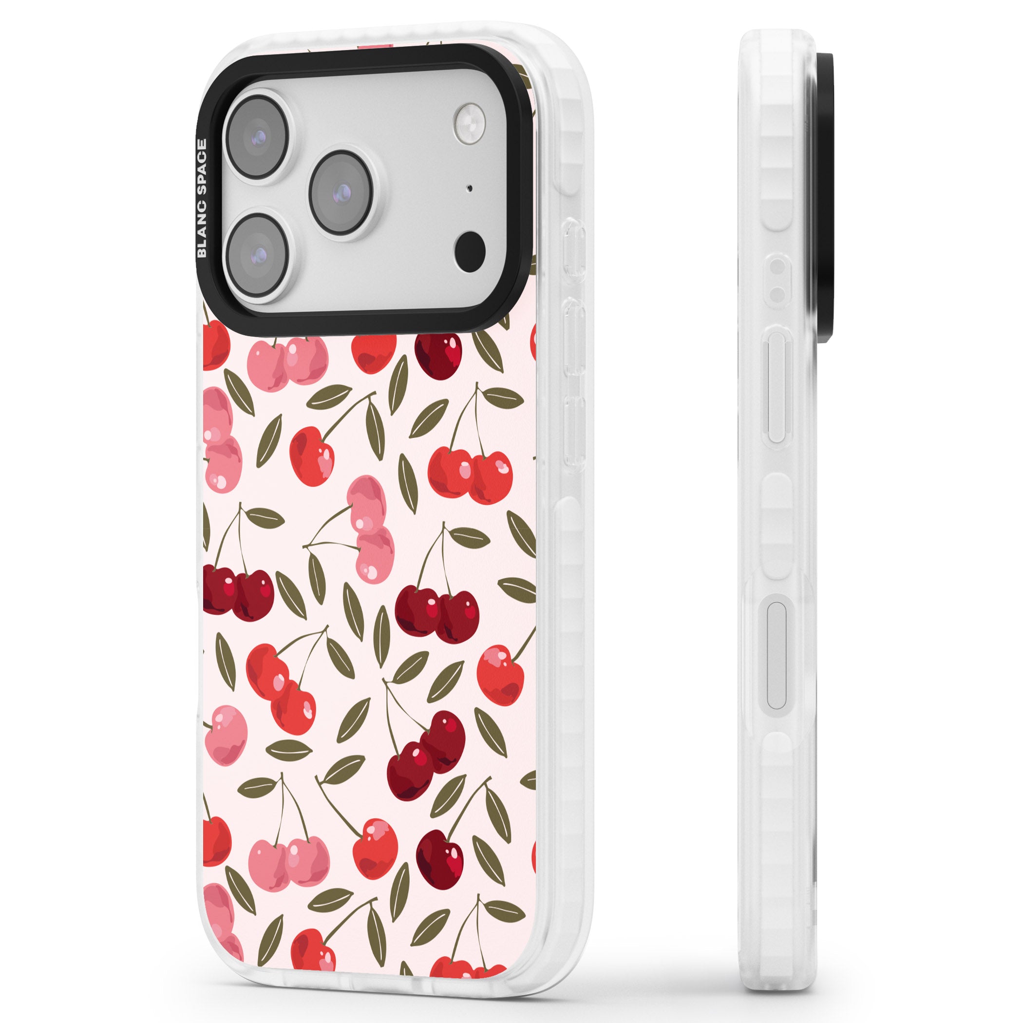 Fruity & Fun Patterns Cherries iPhone 17 Pro Impact Pro Clear Phone Case Side Profile