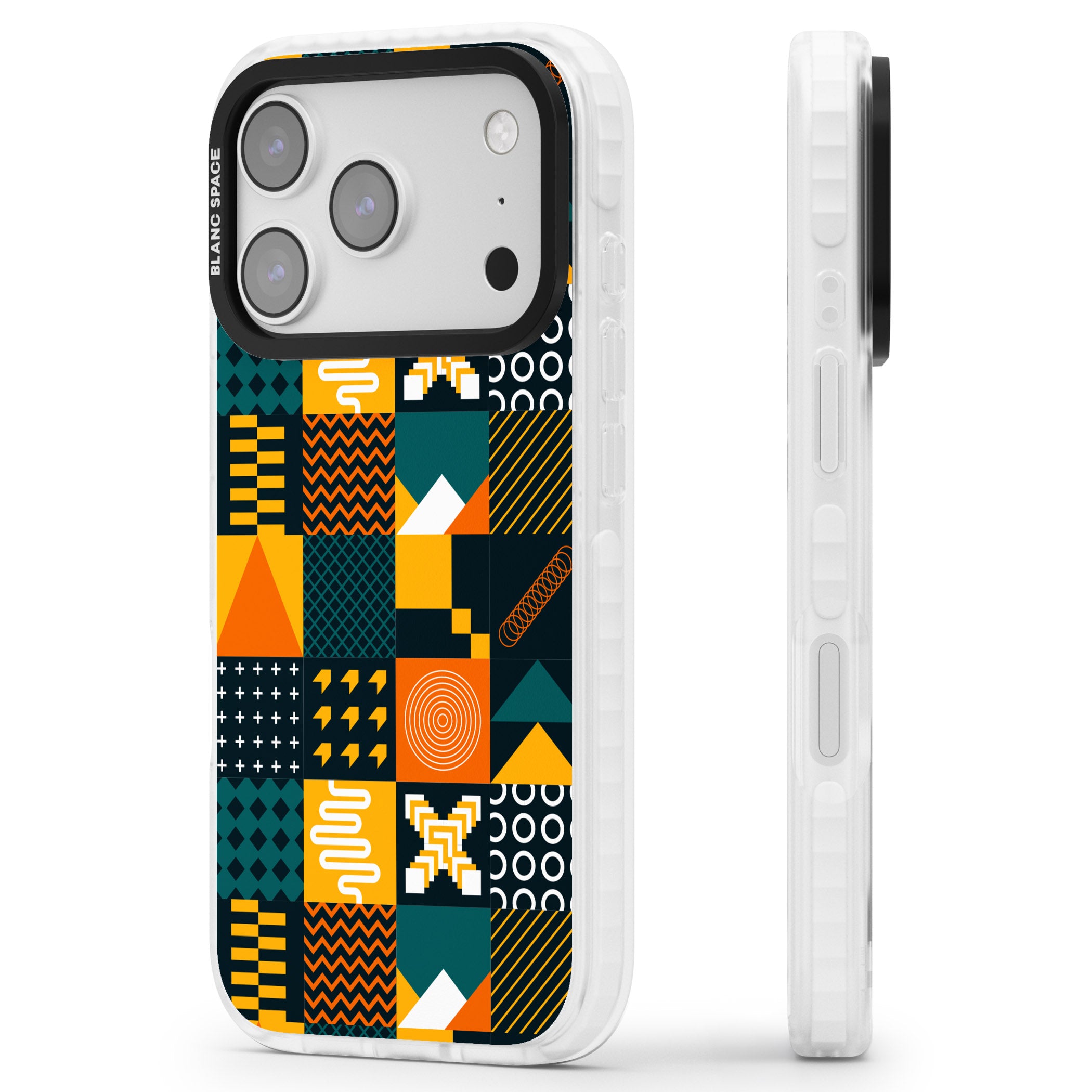 Funky Geometric Patterns: Orange & Dark Green iPhone 17 Pro Impact Pro Clear Phone Case Side Profile