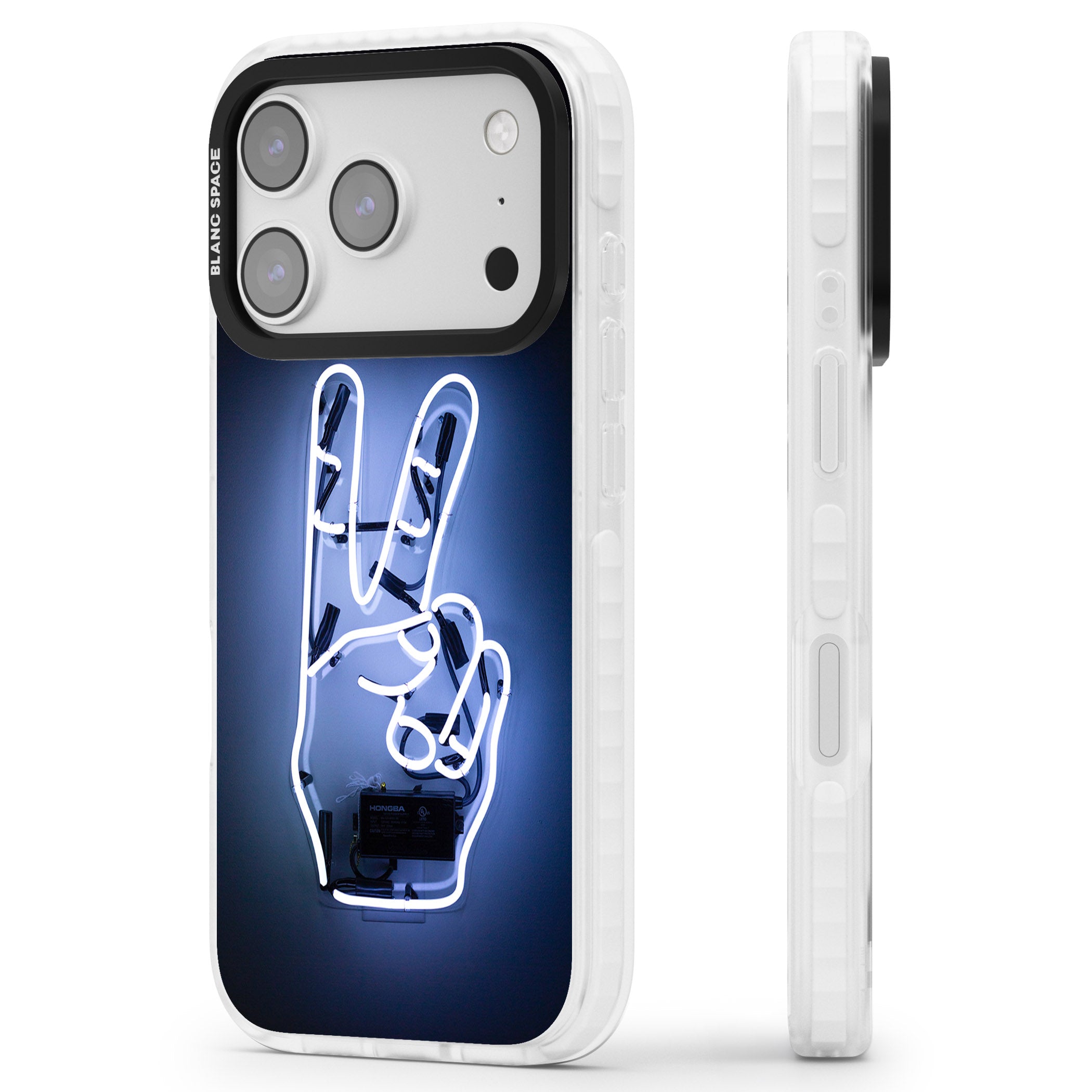 Neon Peace Sign iPhone 17 Pro Impact Pro Clear Phone Case Side Profile