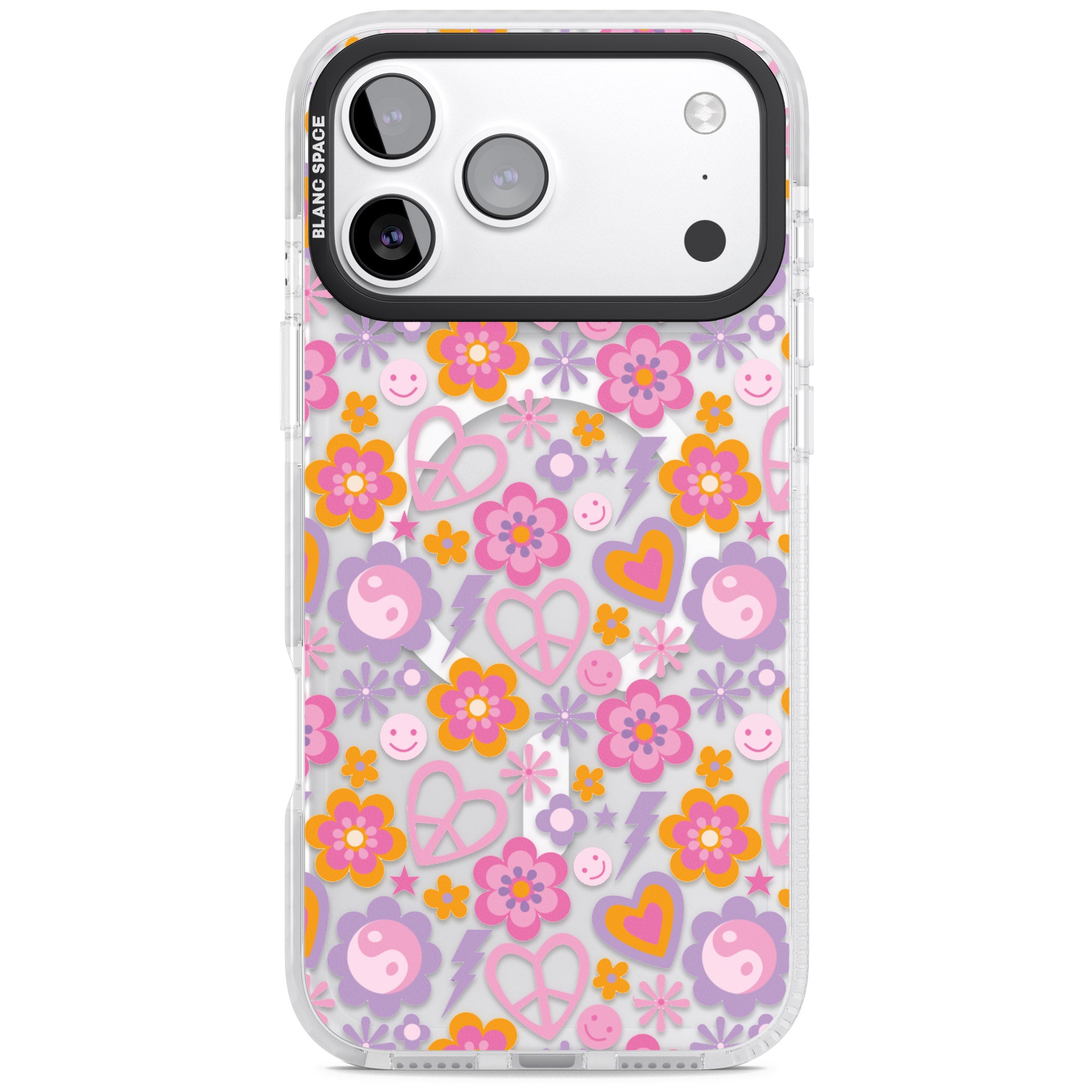 Peace, Love And Flowers Pattern iPhone 17 Pro Impact Pro Clear Phone Case