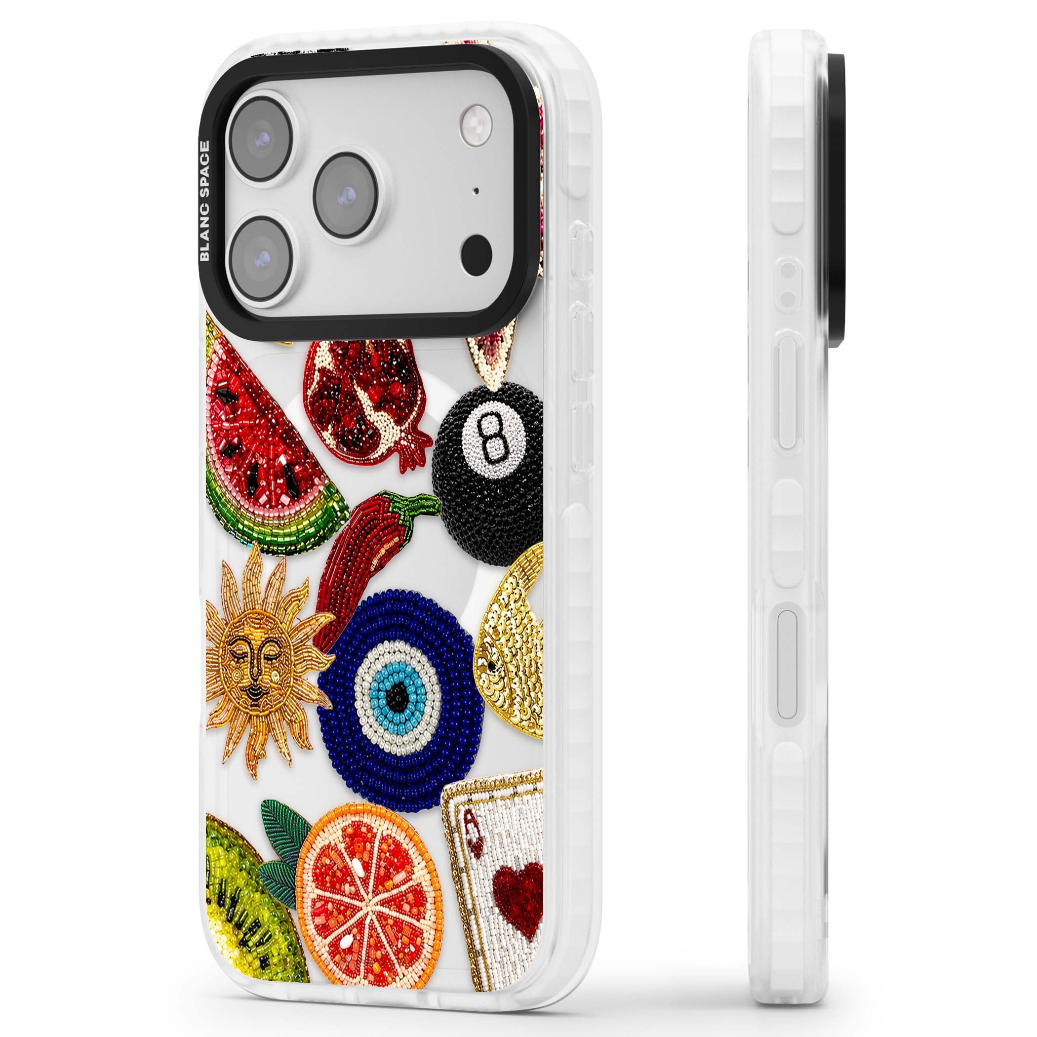 Beaded Charms embroidery iPhone case featuring beaded evil eye, fruit patches and a golden sun motif | Impact Magsafe case for iPhone 17 Pro, iPhone 17 Pro Max