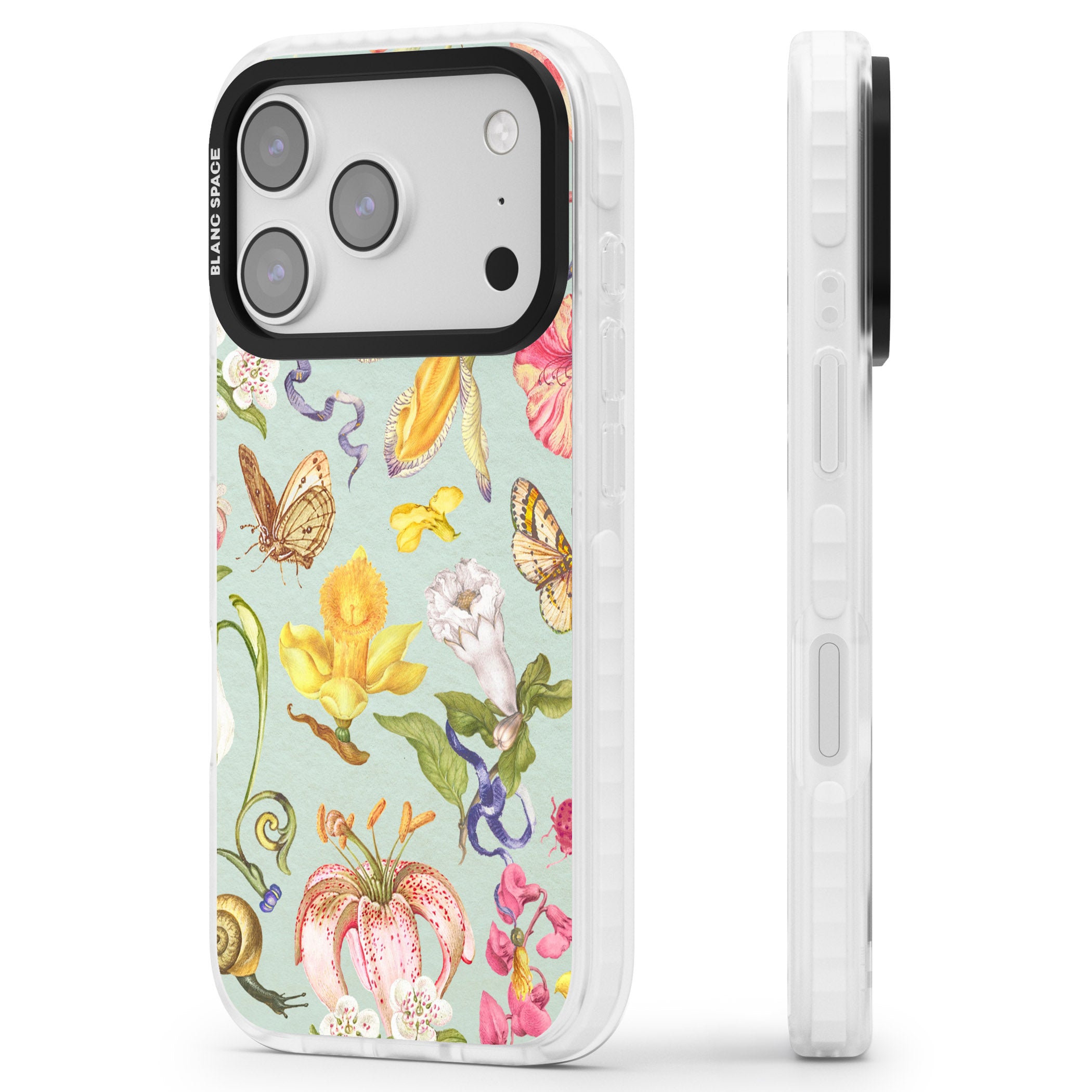 Blue Vintage Painted Flowers iPhone 17 Pro Impact Pro Clear Phone Case Side Profile