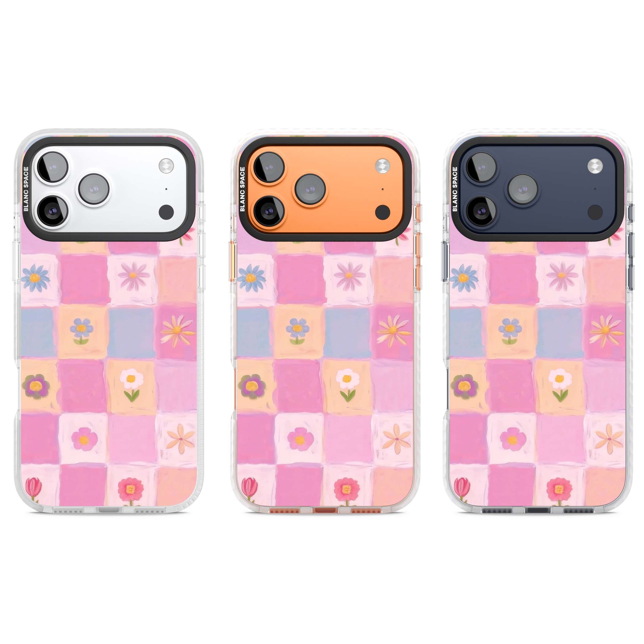 Pastel Flower Patchwork cottagecore iPhone case featuring painted pink and lilac squares with daisies and wildflowers | Impact Magsafe case for iPhone 17 Pro, iPhone 17 Pro Max