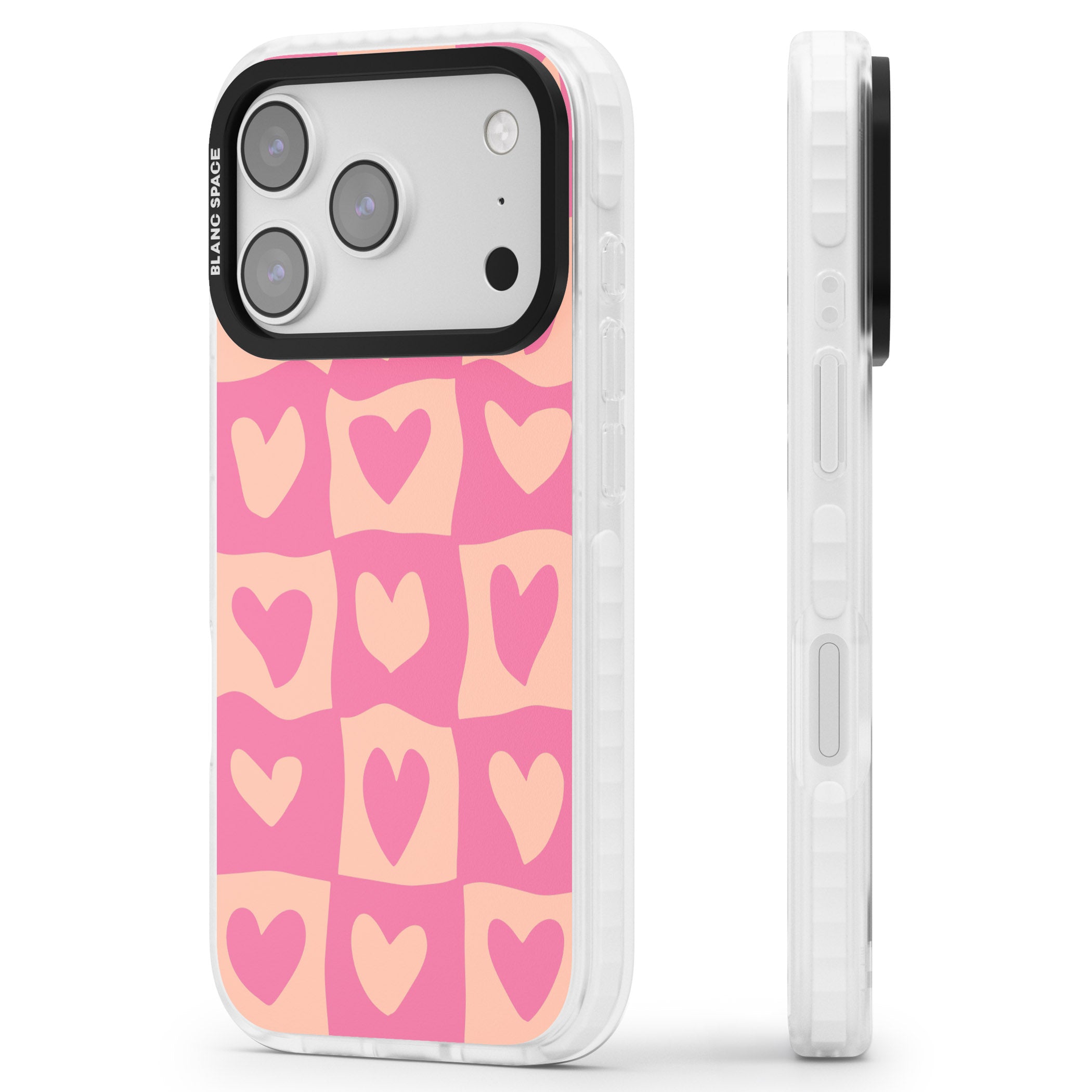 Pink Wavy Checked Hearts iPhone 17 Pro Impact Pro Clear Phone Case Side Profile