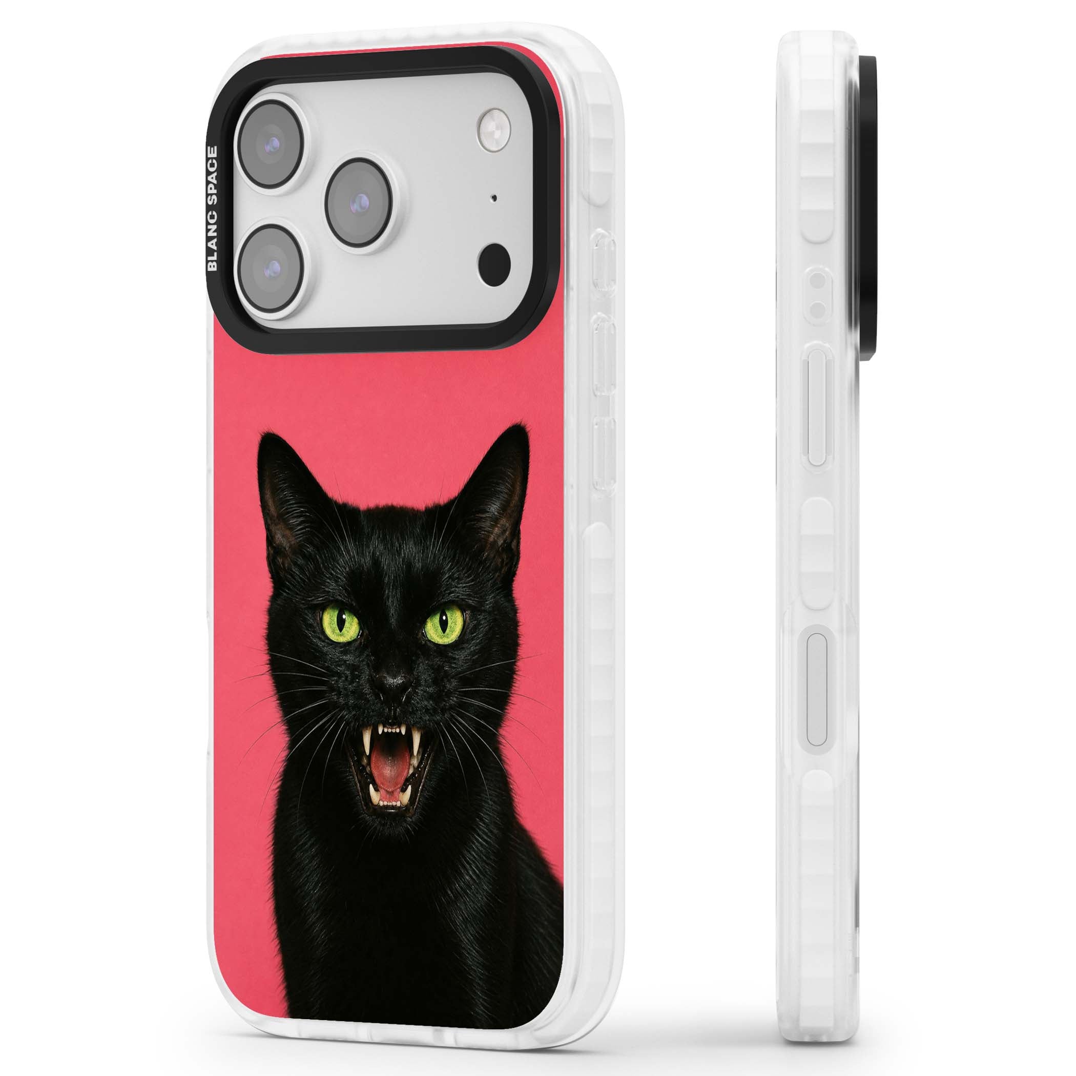 Hissin' Baddie black cat iPhone case featuring a hissing feline with green eyes on a hot pink background | Impact Magsafe case for iPhone 17 Pro, iPhone 17 Pro Max
