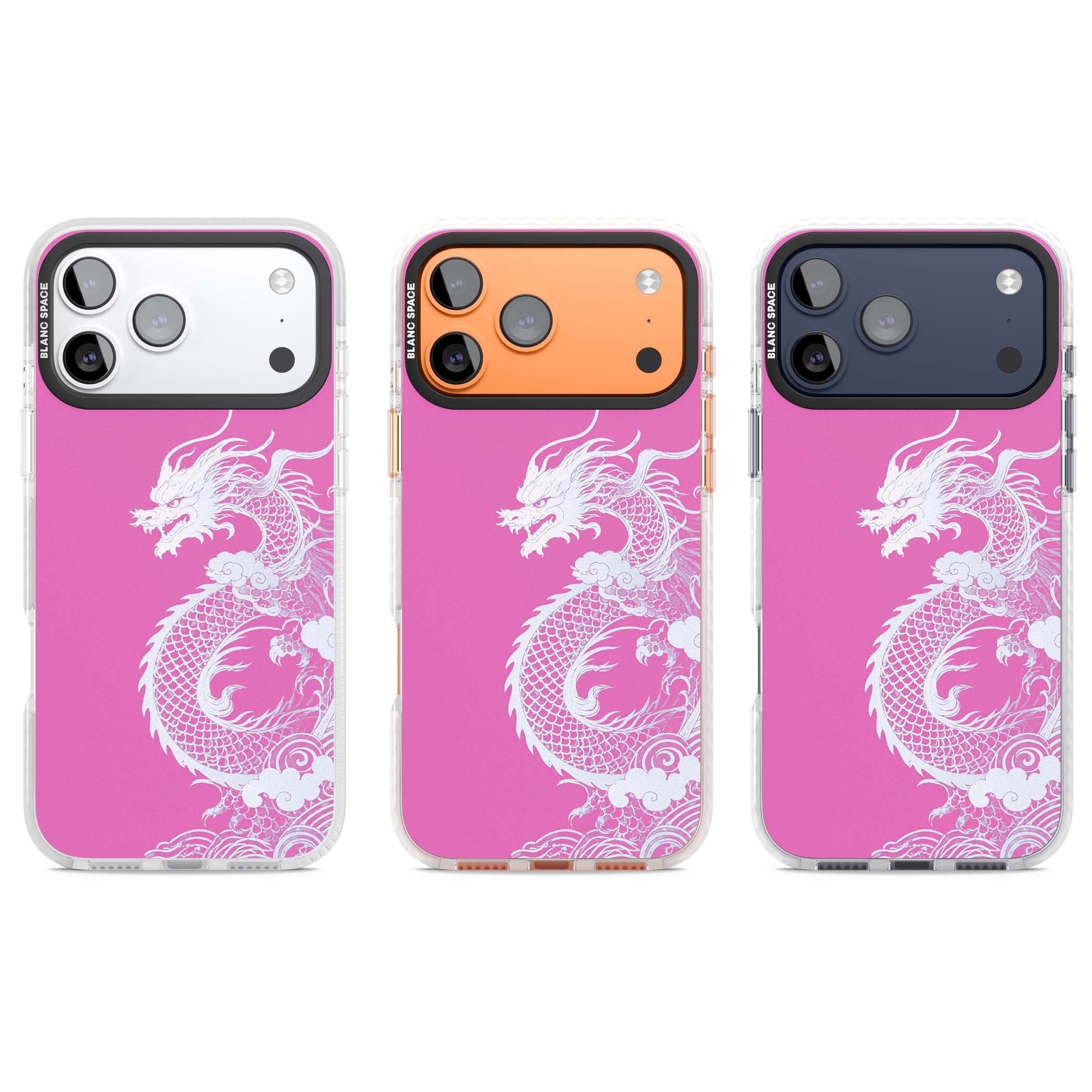 Pink Empress chinese dragon iPhone case featuring a white dragon, swirling clouds and pink dragon wallpaper backdrop | Impact Magsafe case for iPhone 17 Pro, iPhone 17 Pro Max