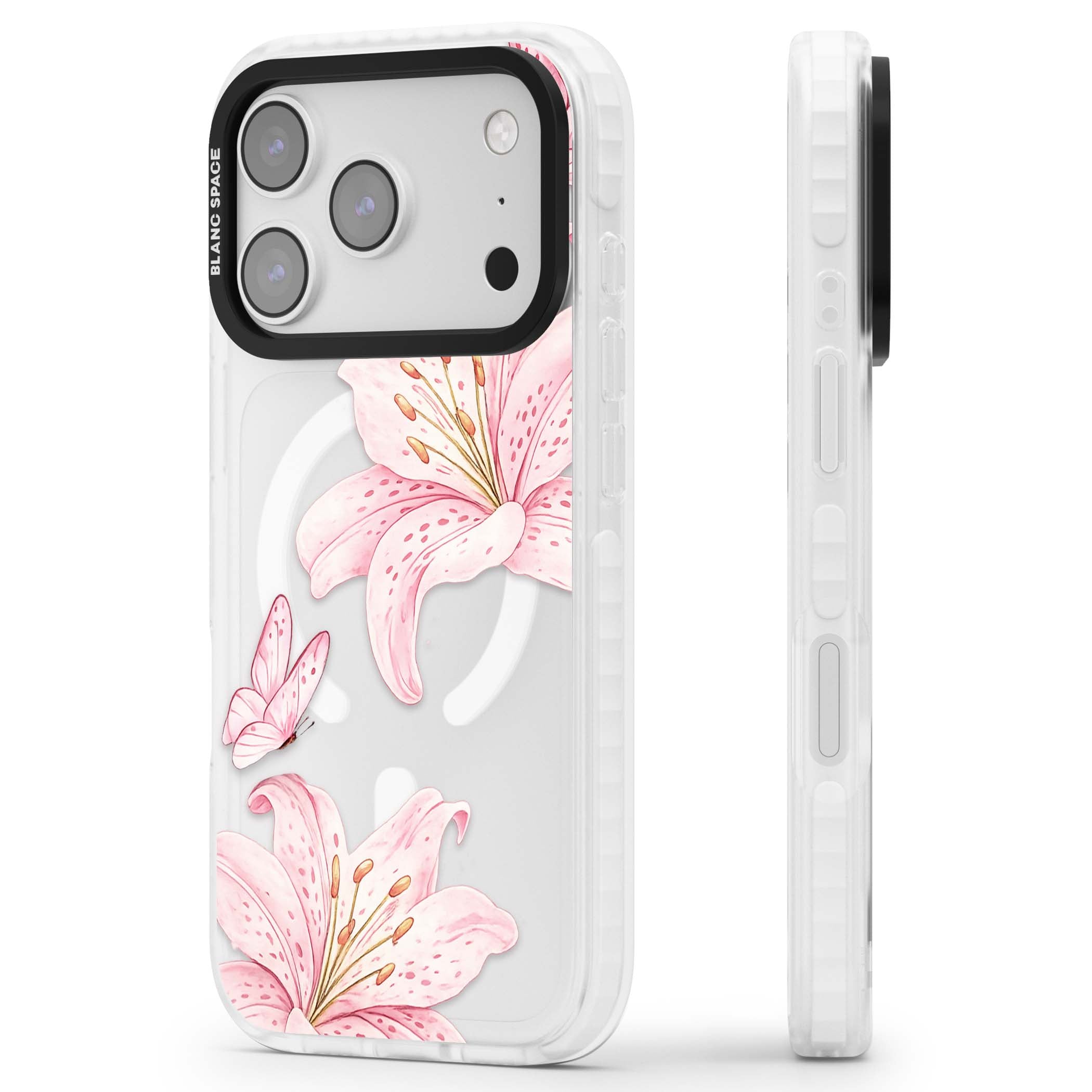 Lily Whisper floral iPhone case featuring pink watercolour lilies and delicate butterflies on a clear background | Impact Magsafe case for iPhone 17 Pro, iPhone 17 Pro Max