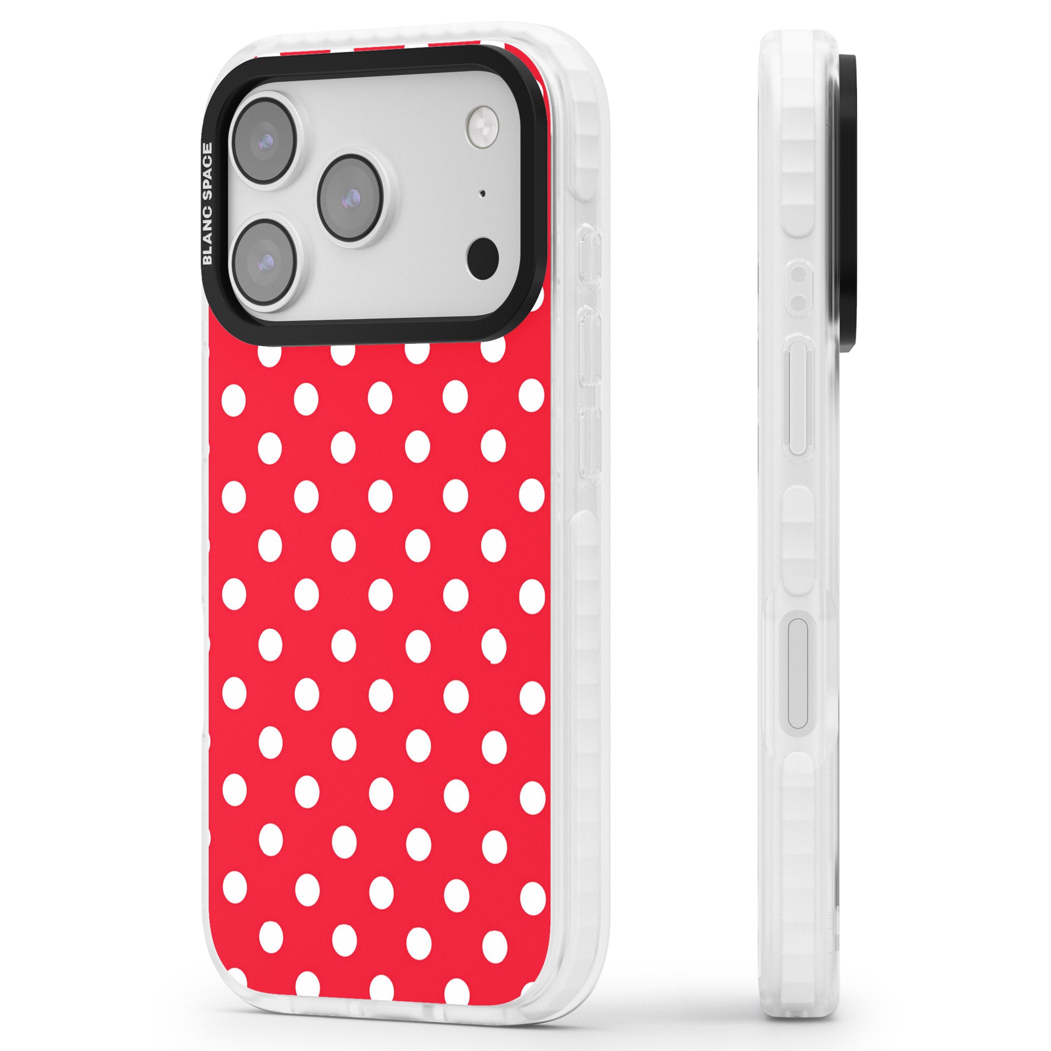 Designer Lava Red Polka Dot iPhone 17 Pro Max Impact Pro Clear Phone Case Side Profile