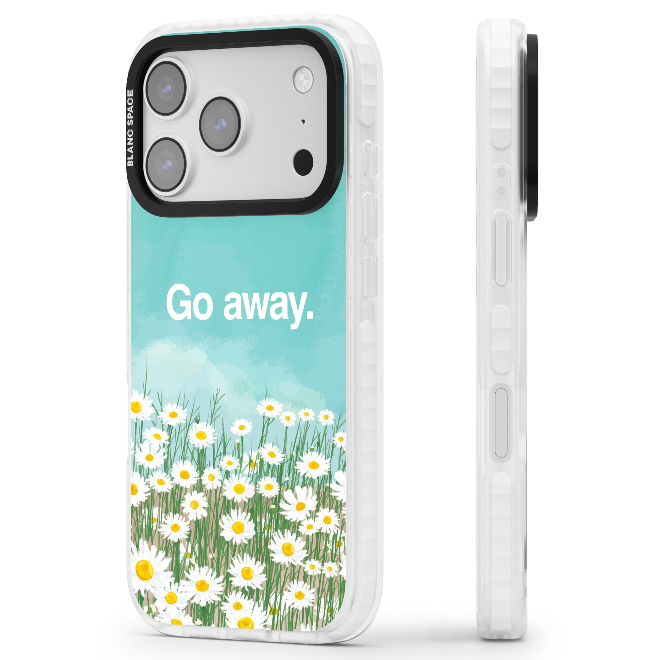 Go Away iPhone 17 Pro Impact Pro Clear Phone Case Side Profile